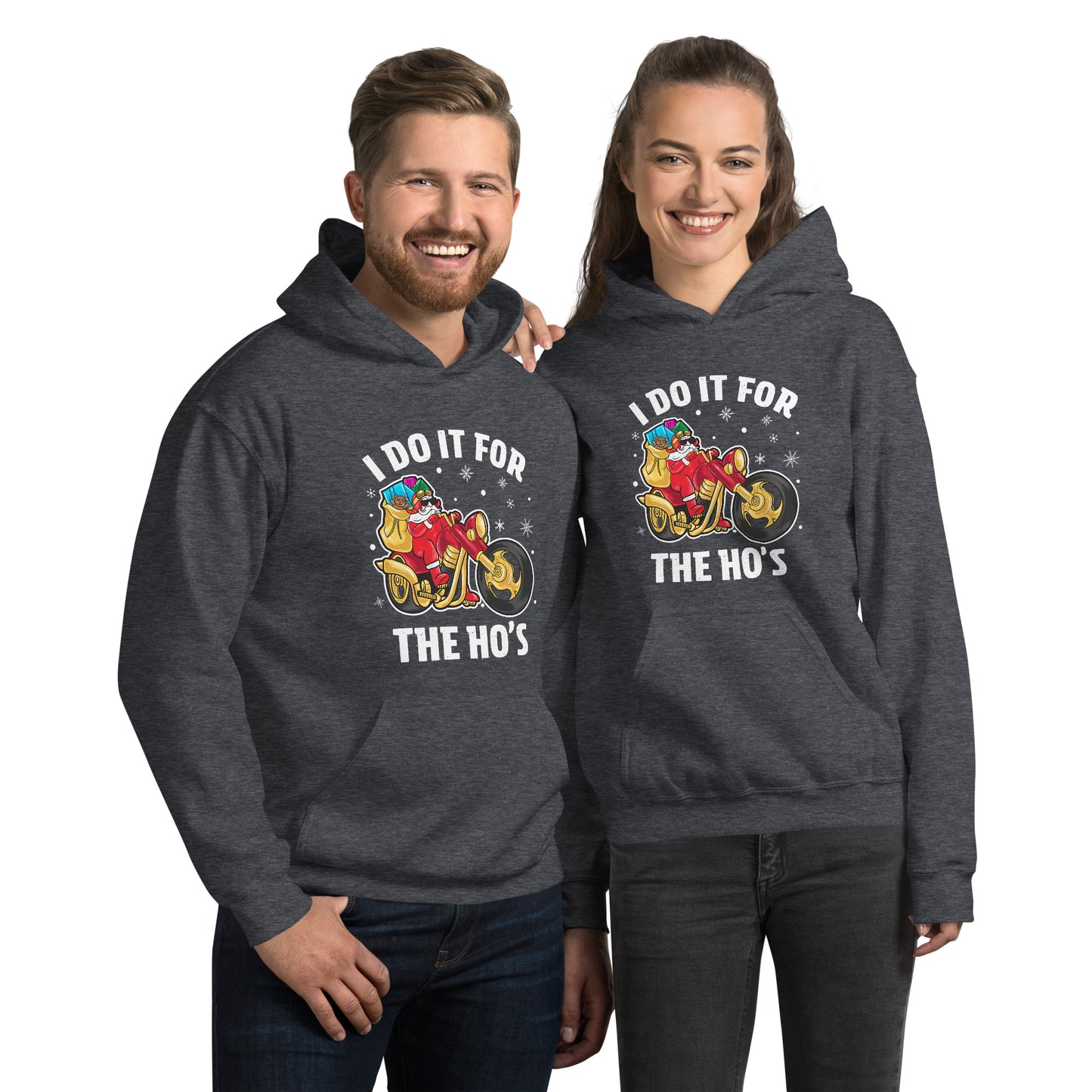 I Do It For The Ho's Hoodie - Christmas Biker Santa Riding Motorcycle - Color: Dark Heather