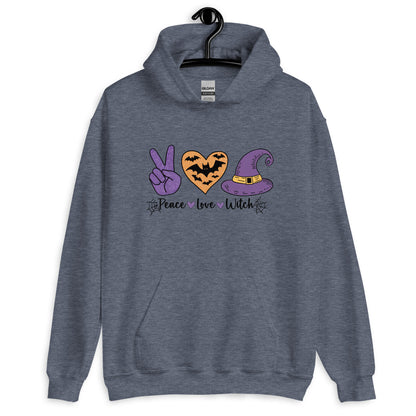 Peace Love Witch Hoodie (Halloween Witch) Color: Heather Sport Dark Navy