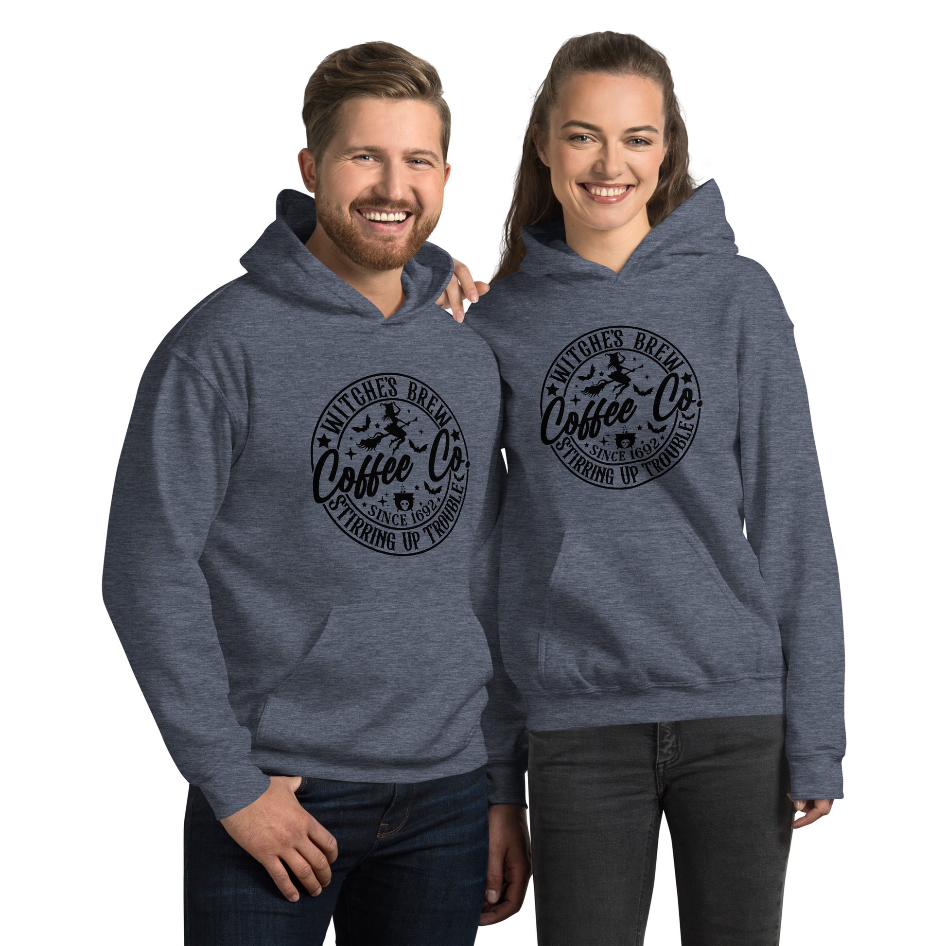 Witches Brew Coffee Co Stirring Up Trouble (Halloween) Hoodie Color: Heather Sport Dark Navy