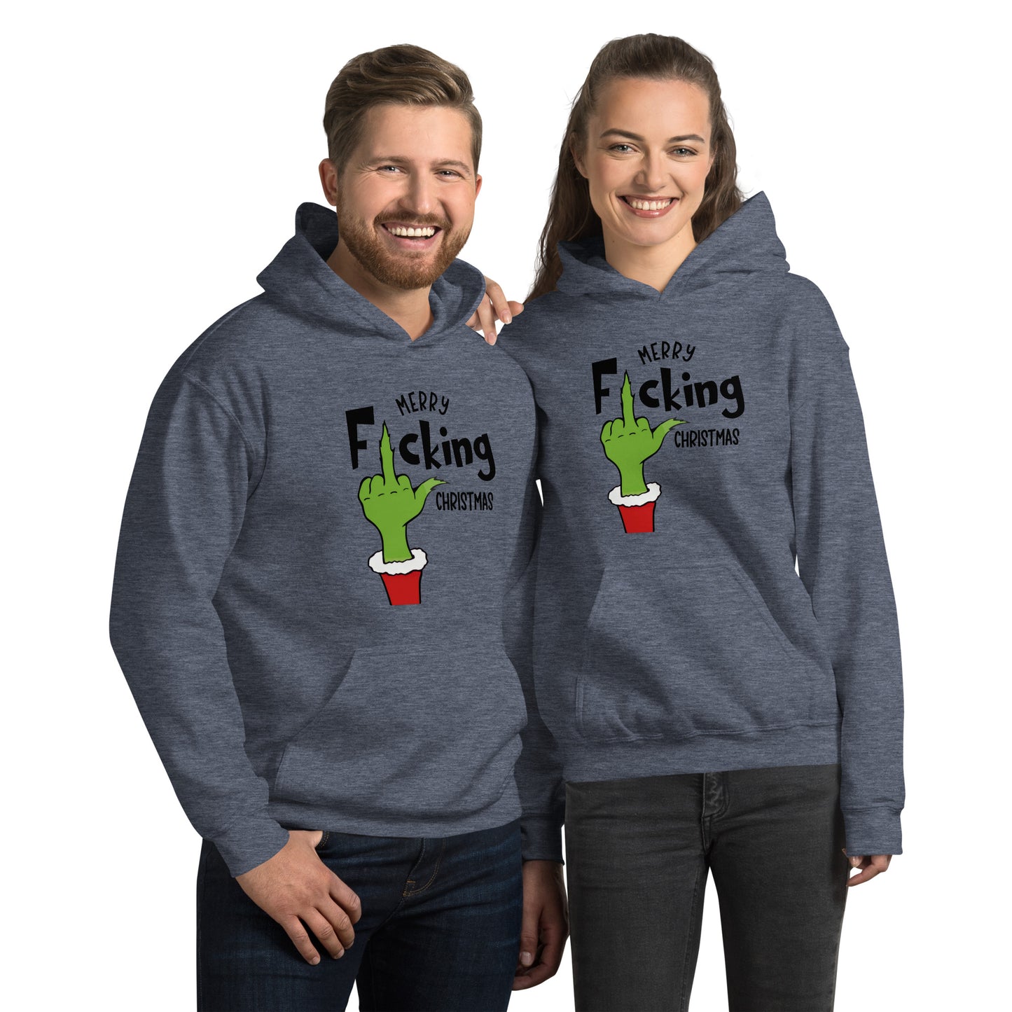 Merry F*cking Christmas Grumpy Middle Finger Hoodie - Color: Heather Sport Dark Navy - Unisex Hoodie Gildan 18500