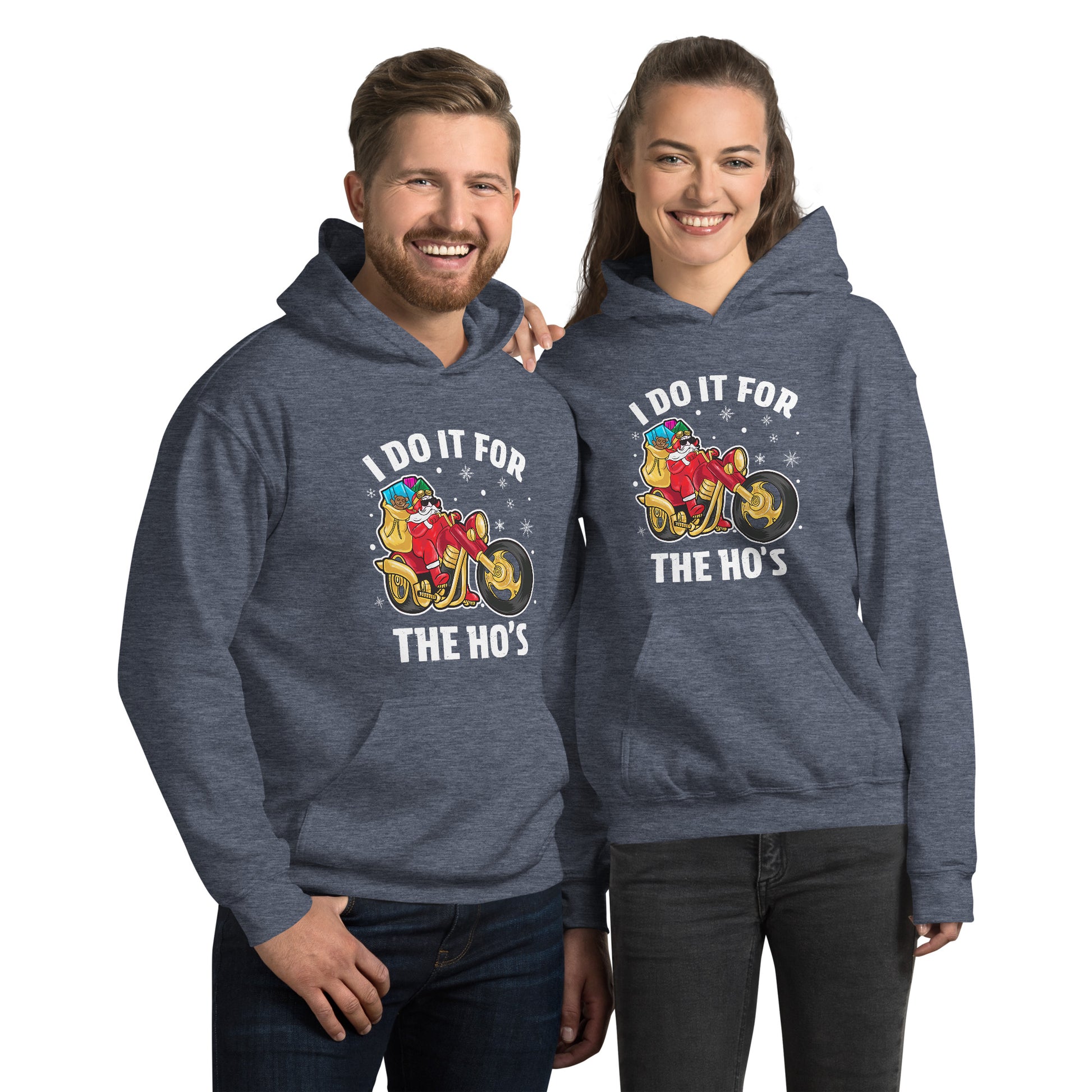 I Do It For The Ho's Hoodie - Christmas Biker Santa Riding Motorcycle - Color: Heather Sport Dark Navy