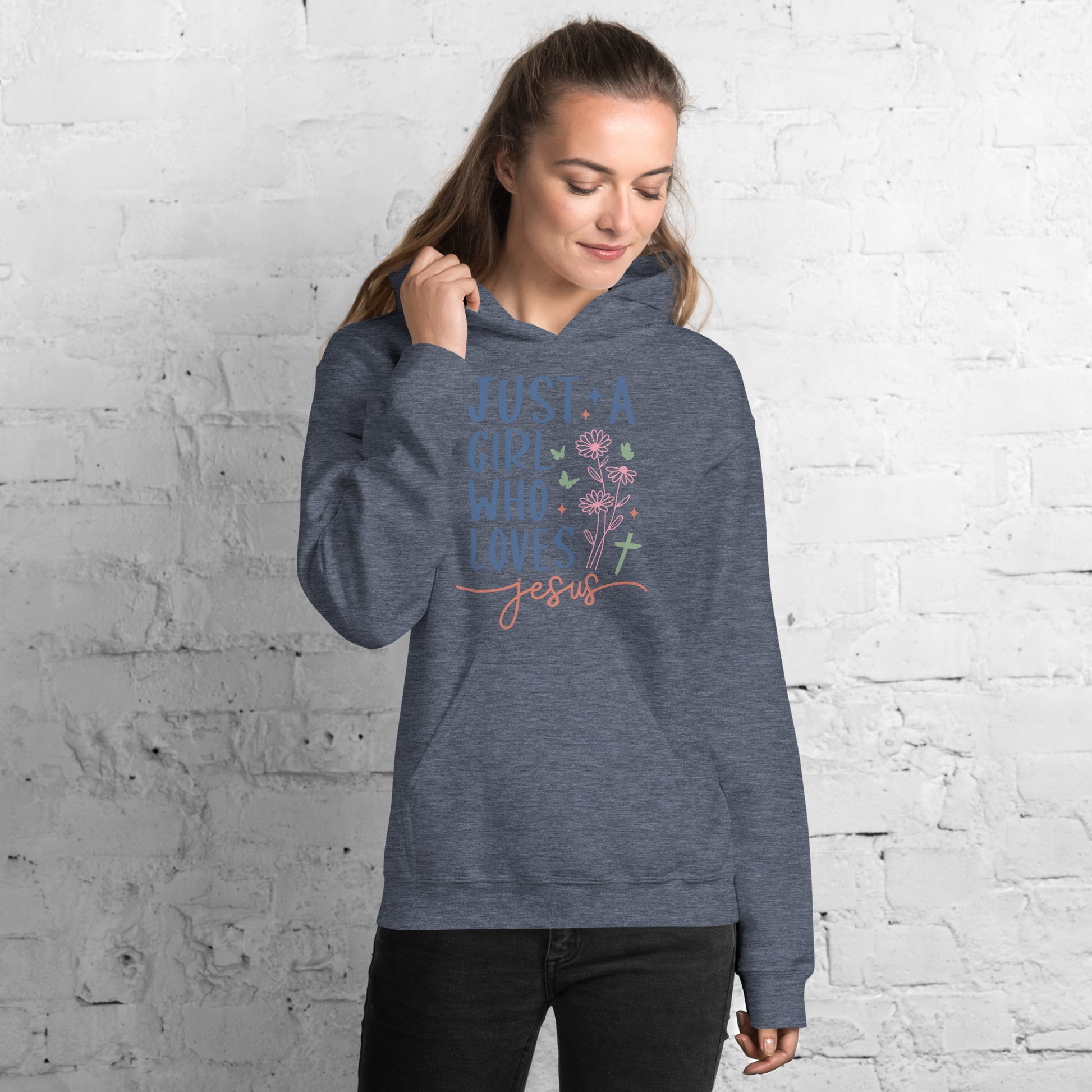 Just A Girl Who Loves Jesus Hoodie - Color: Heather Sport Dark Navy