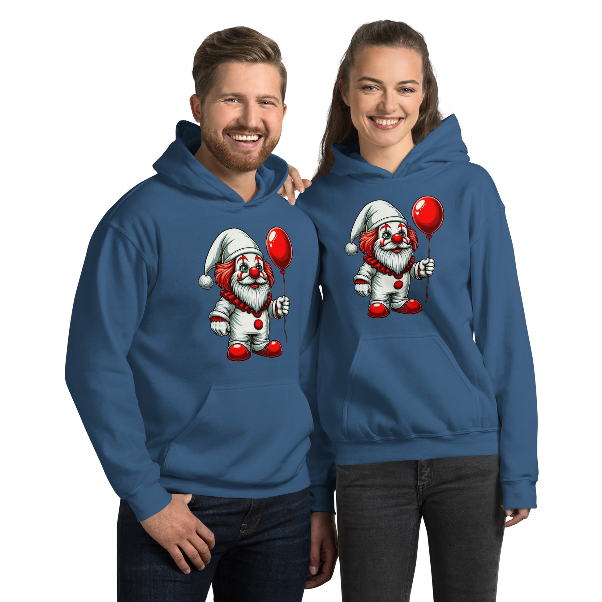 Scary Gnome with Red Balloon Hoodie Color: Indigo Blue