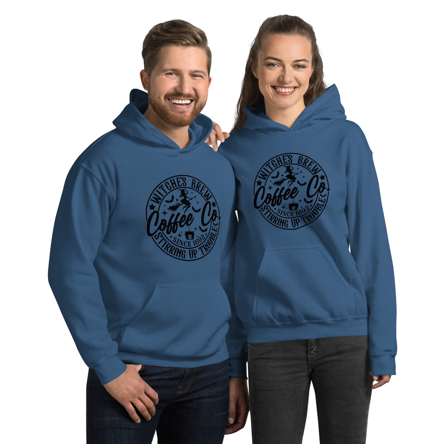 Witches Brew Coffee Co Stirring Up Trouble (Halloween) Hoodie Color: Indigo Blue