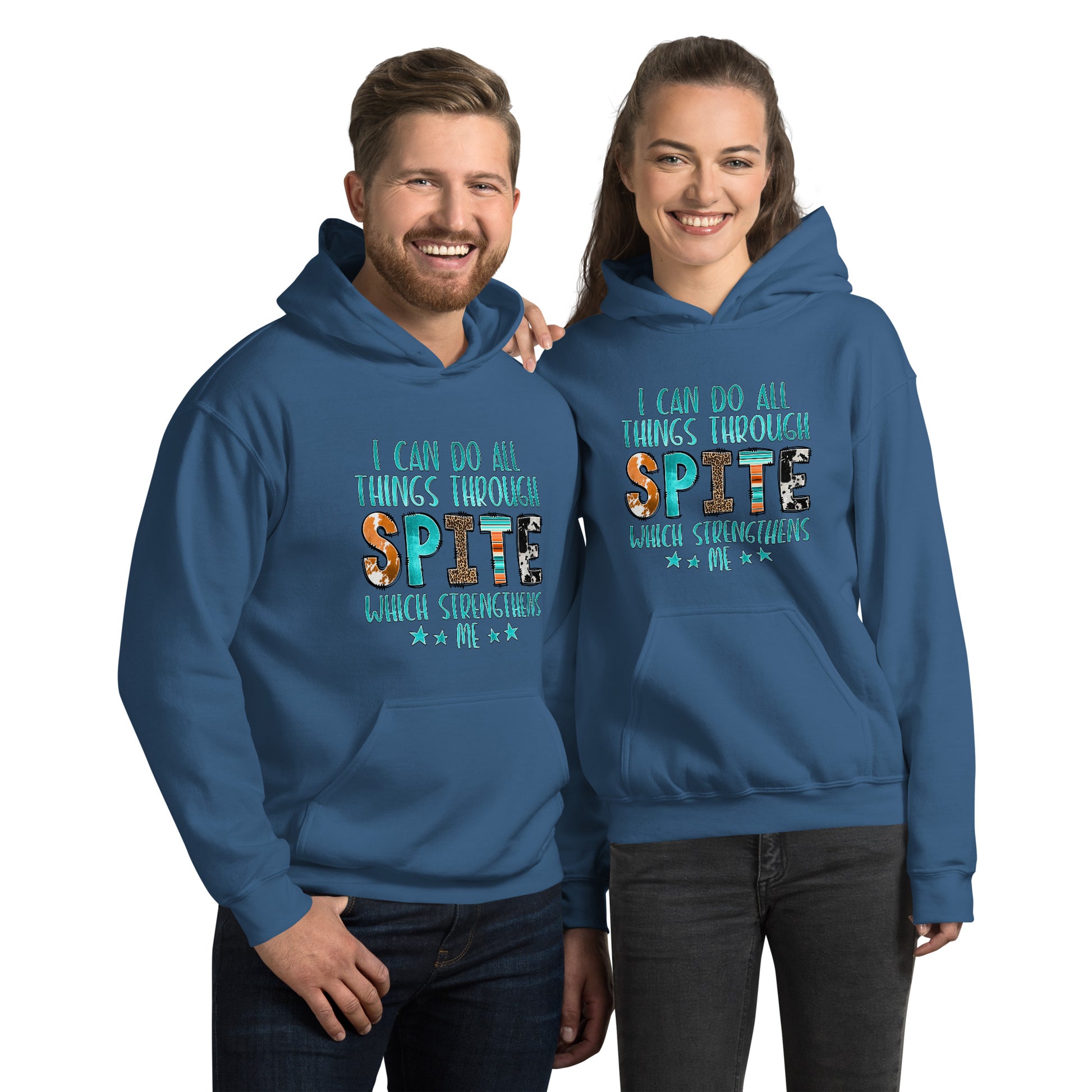 I Can Do All Things Through Spite Which Strengthens Me Hoodie Color: Indigo Blue