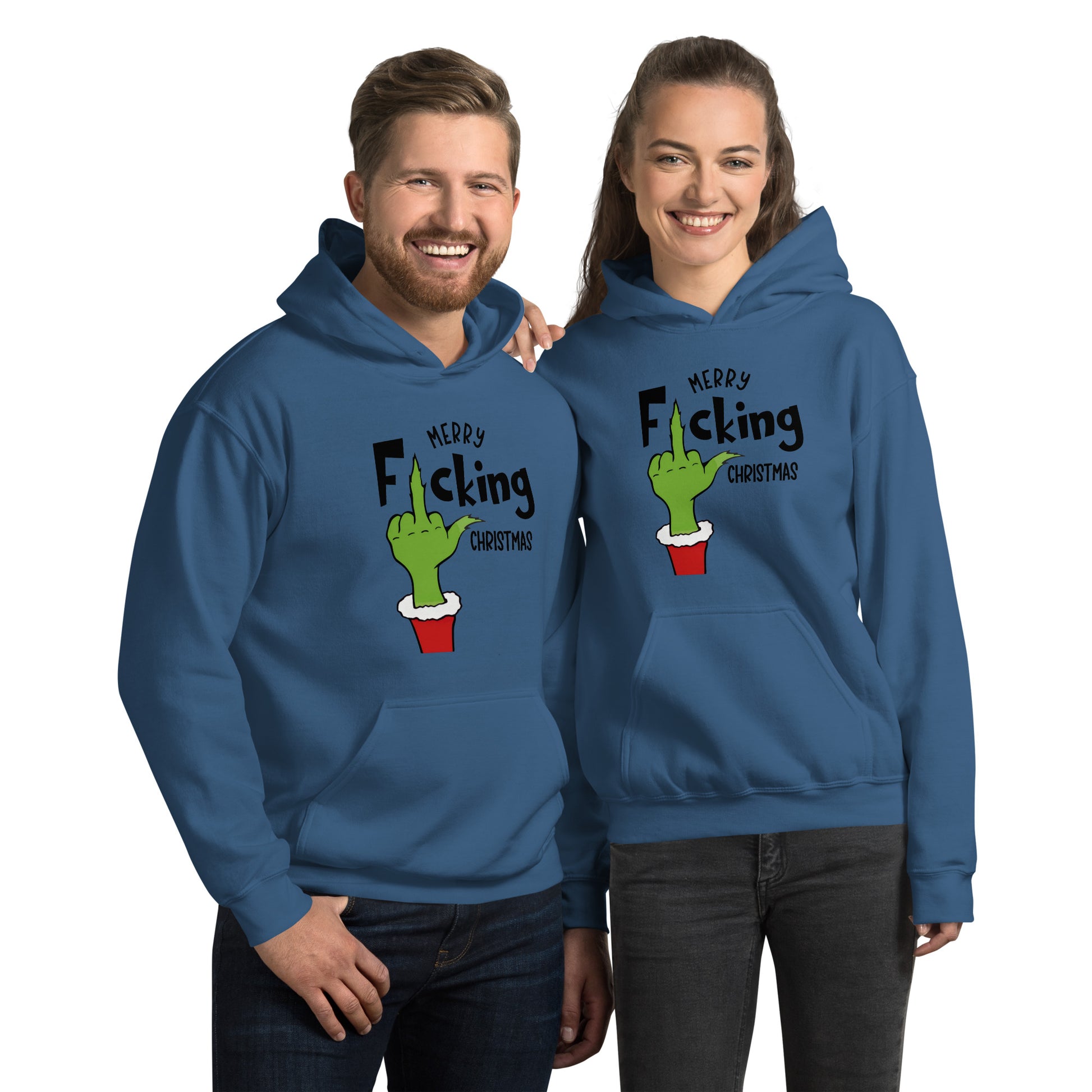 Merry F*cking Christmas Grumpy Middle Finger Hoodie - Color: Indigo Blue - Unisex Hoodie Gildan 18500