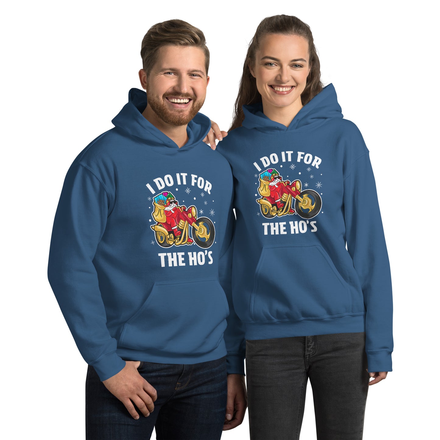 I Do It For The Ho's Hoodie - Christmas Biker Santa Riding Motorcycle - Color: Indigo Blue