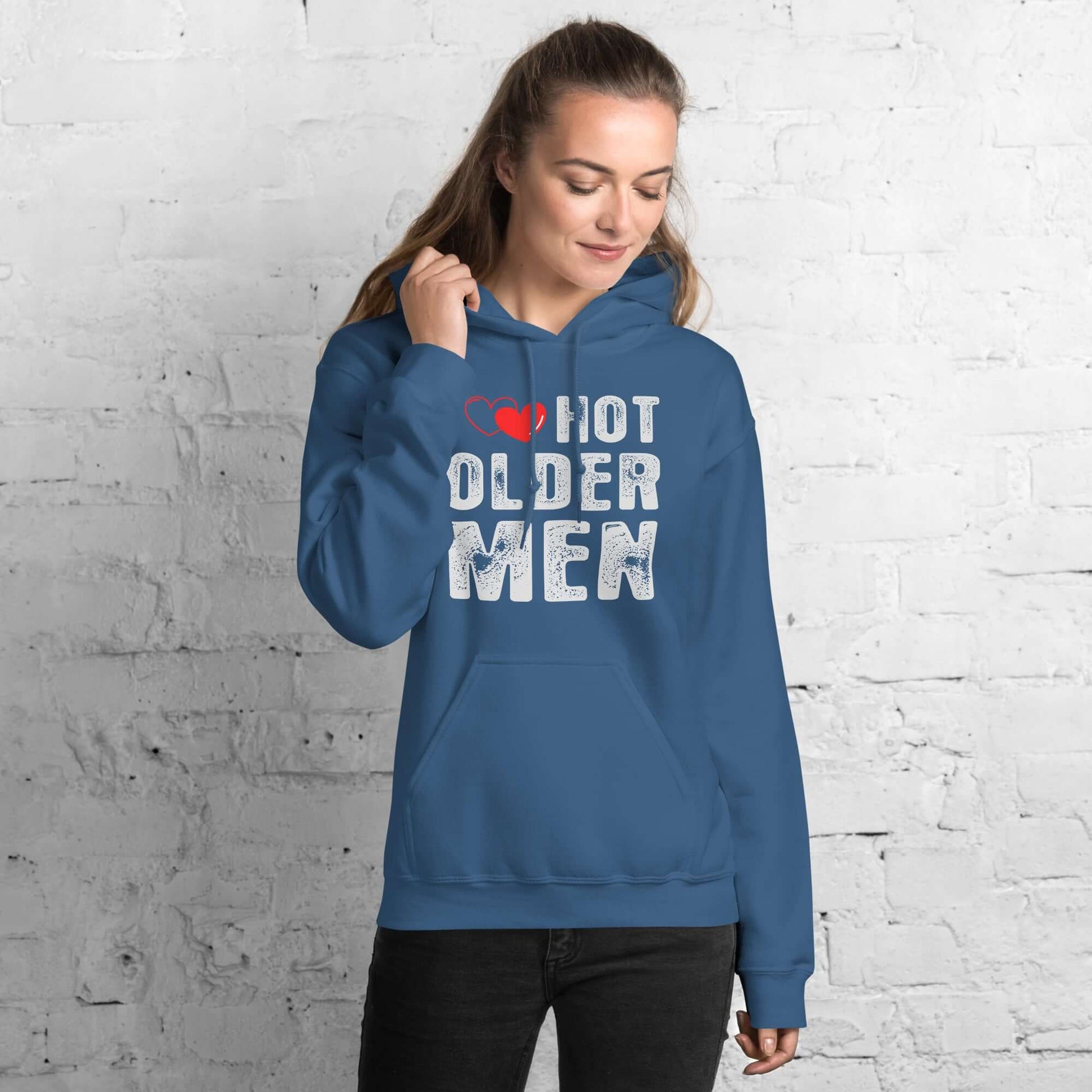 I Love Hot Older Men Hoodie – Funny & Flirty Style Color: Indigo Blue