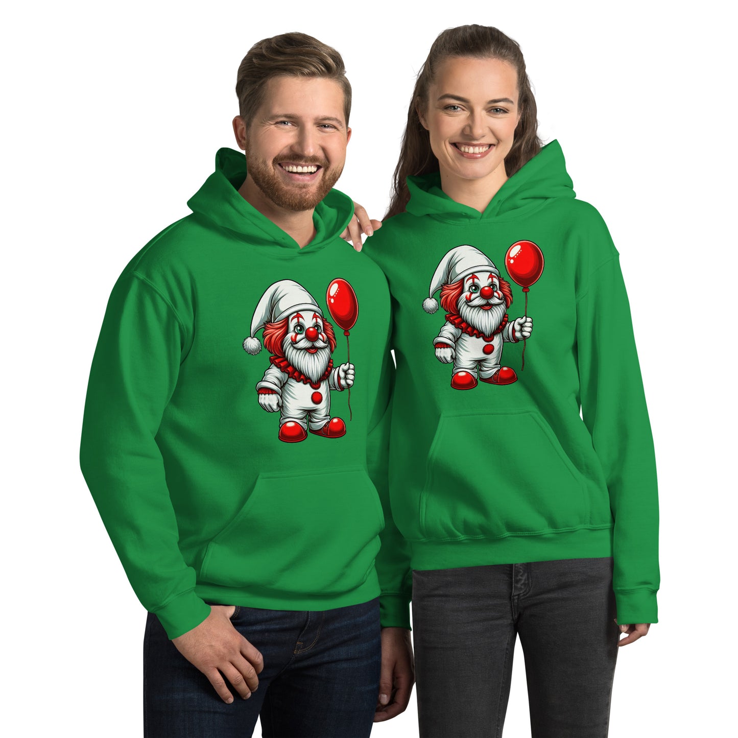 Scary Gnome with Red Balloon Hoodie Color: Irish Green