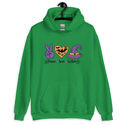 Peace Love Witch Hoodie (Halloween Witch) Color: Irish Green