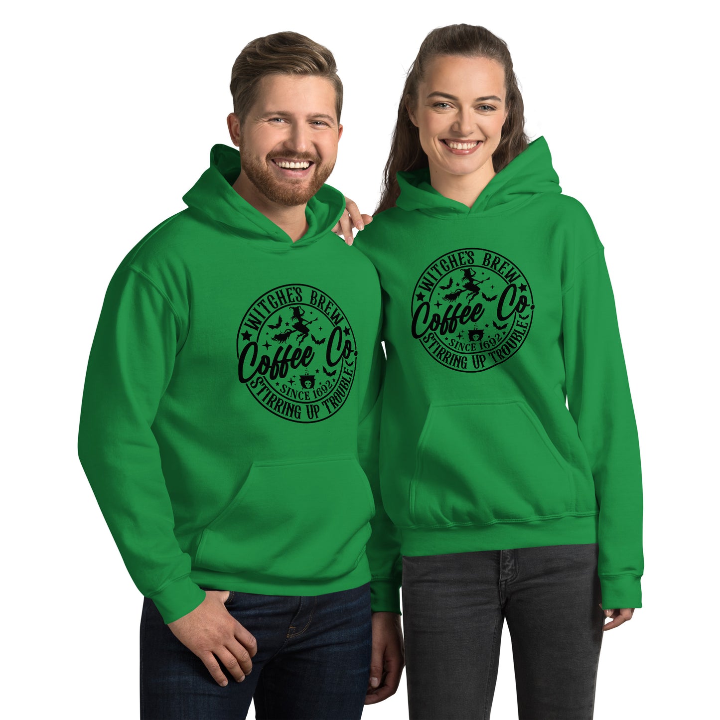 Witches Brew Coffee Co Stirring Up Trouble (Halloween) Hoodie Color: Irish Green