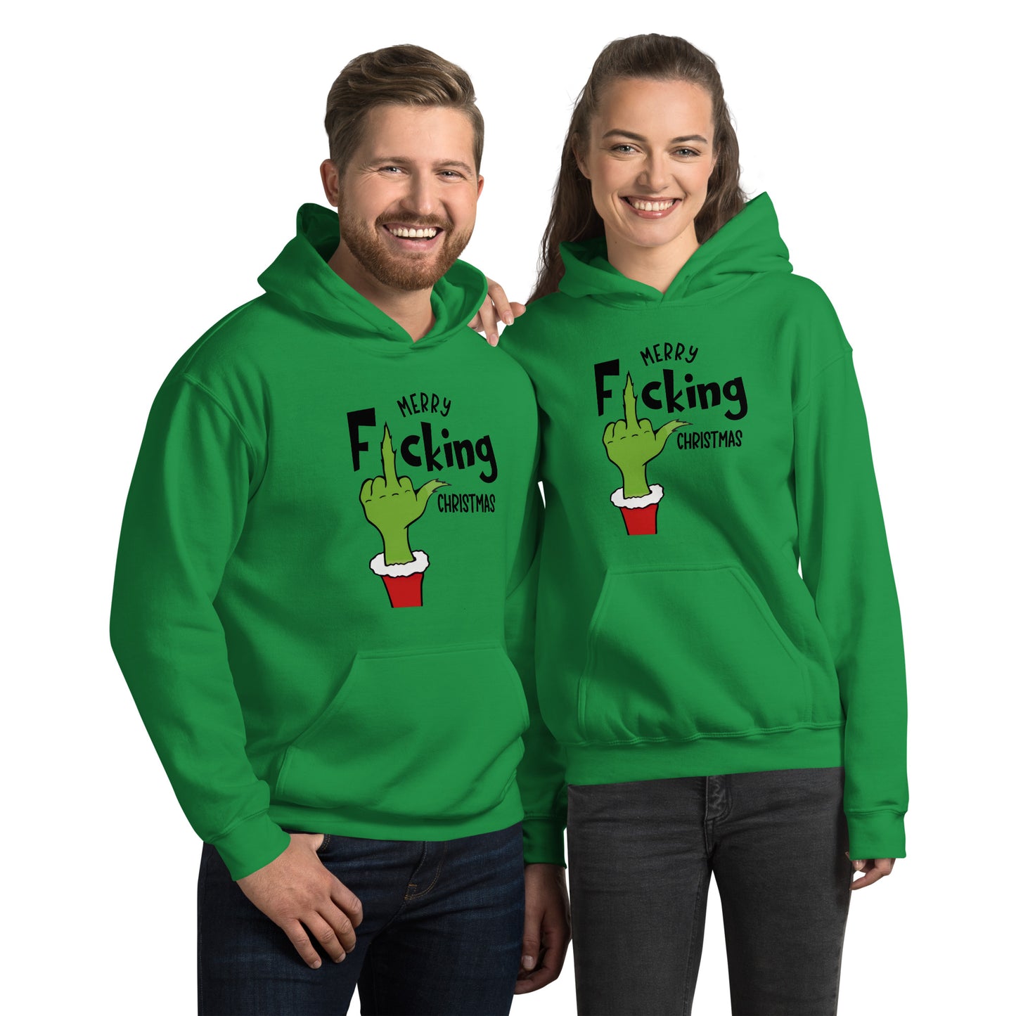 Merry F*cking Christmas Grumpy Middle Finger Hoodie - Color: Irish Green - Unisex Hoodie Gildan 18500