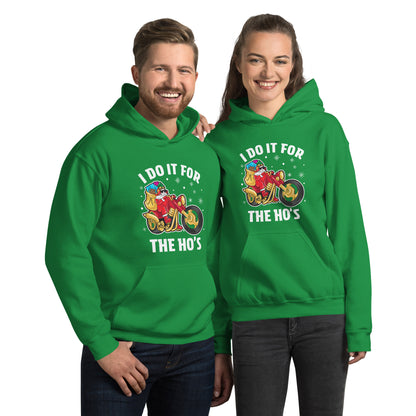 I Do It For The Ho's Hoodie - Christmas Biker Santa Riding Motorcycle - Color: Irish Green