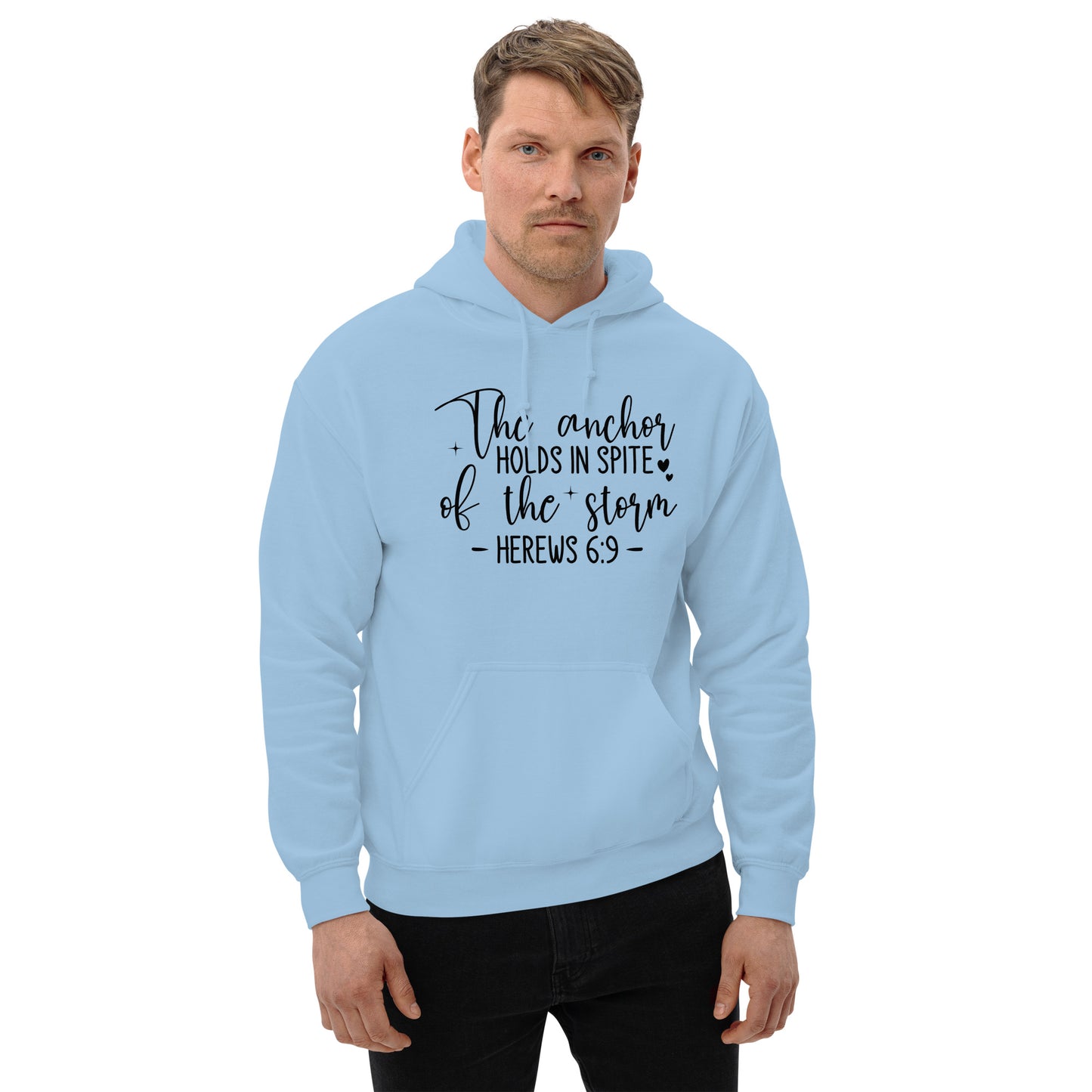 The Anchor Holds in Spit of the Storm (Hebrews 6:9) Hoodie Color: Red