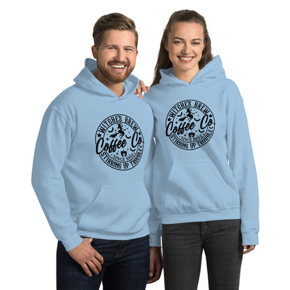 Witches Brew Coffee Co Stirring Up Trouble (Halloween) Hoodie Color: Light Blue