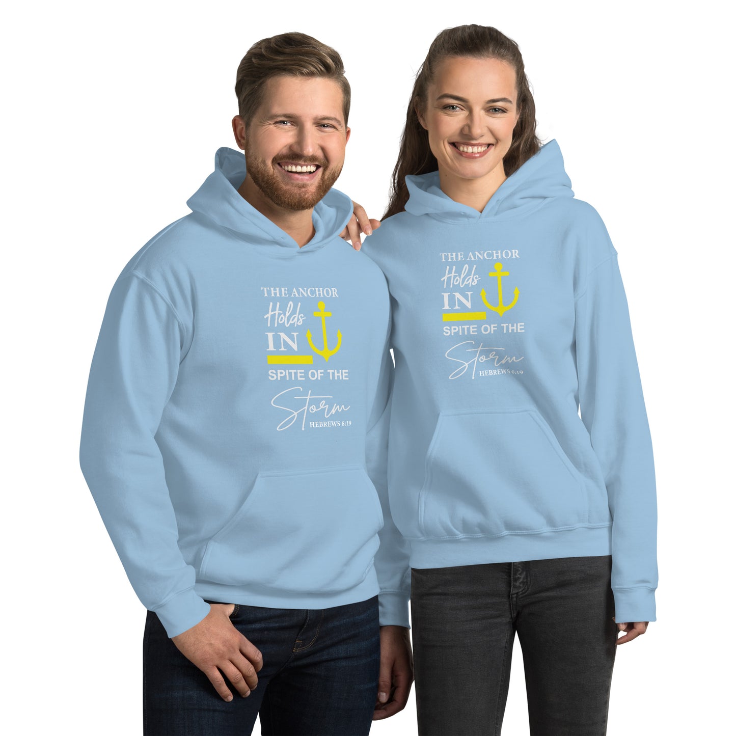 The Anchor Holds in Spite of the Storm (Hebrews 6:19) Hoodie Color: Light Blue