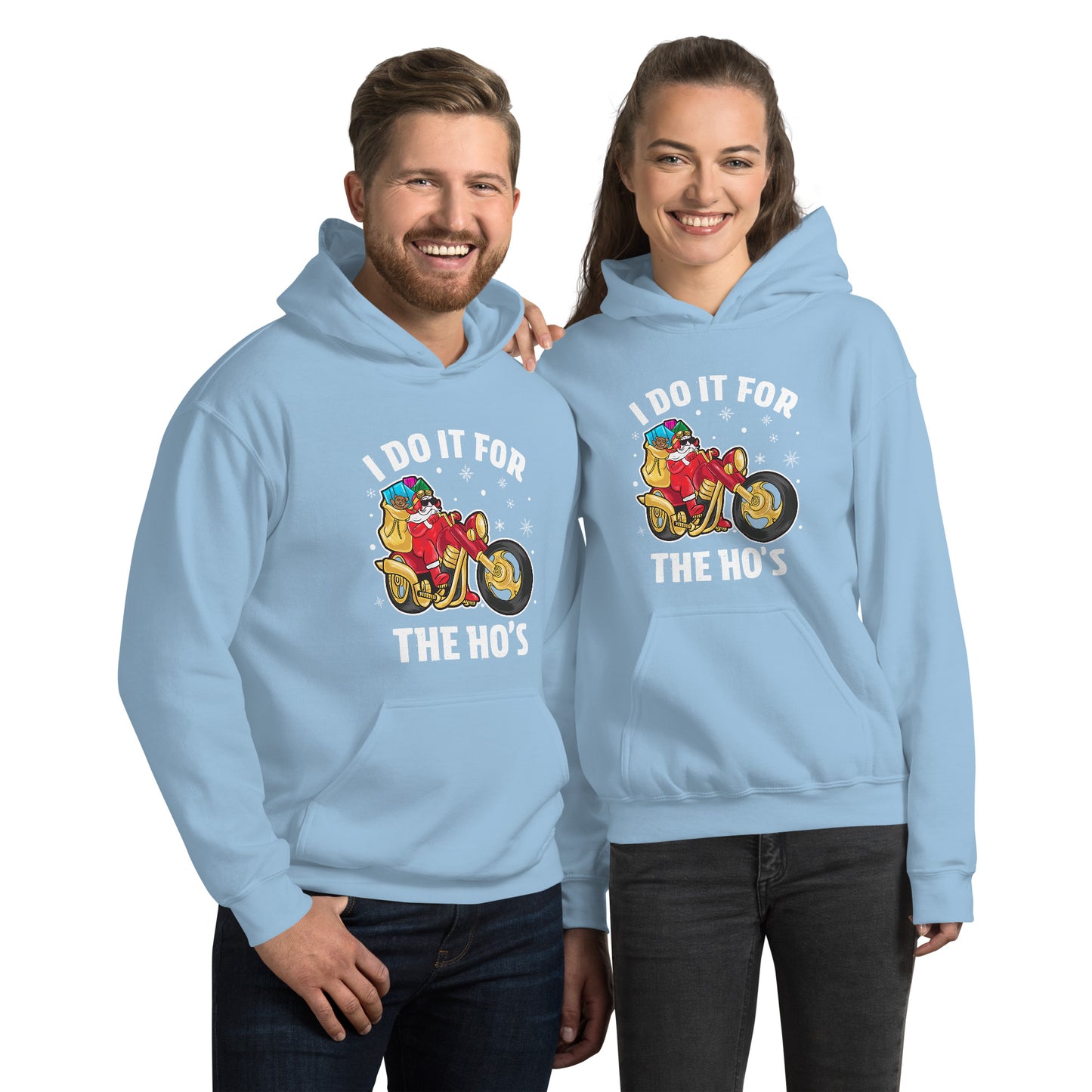 I Do It For The Ho's Hoodie - Christmas Biker Santa Riding Motorcycle - Color: Light Blue