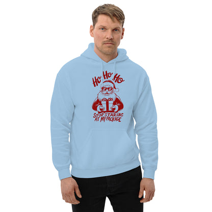 Ho Ho Ho Stop Staring At My Package (Funny Santa) Hoodie - Color: Light Blue