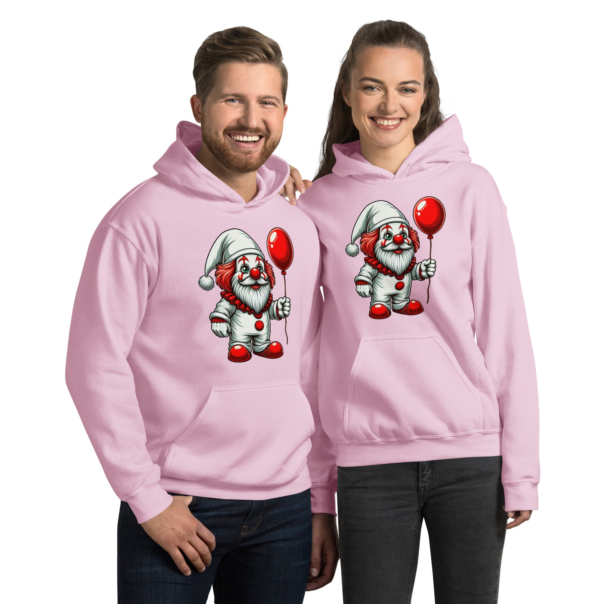 Scary Gnome with Red Balloon Hoodie Color: Light Pink