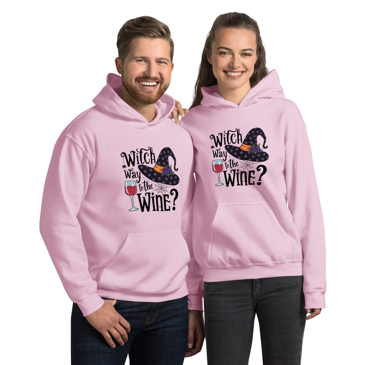 Witch Way To The Wine Hoodie (Halloween Witch) Color: Light Pink