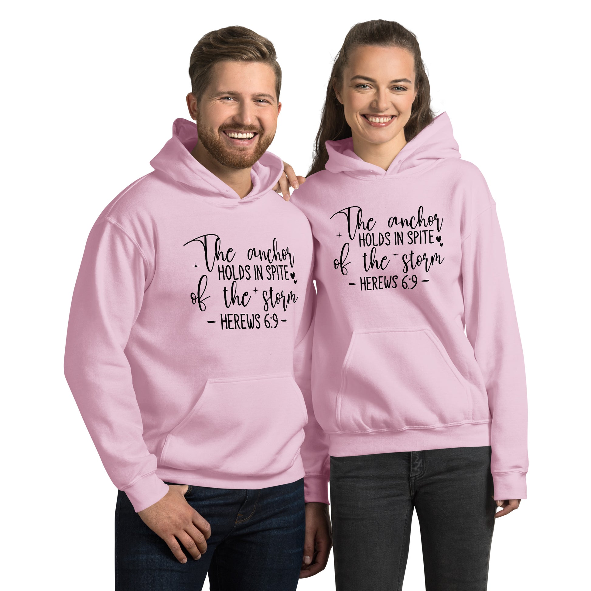 The Anchor Holds in Spit of the Storm (Hebrews 6:9) Hoodie Color: Light Pink