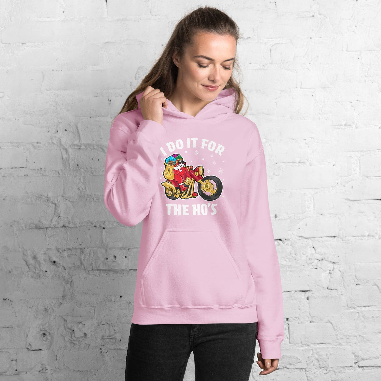 I Do It For The Ho's Hoodie - Christmas Biker Santa Riding Motorcycle - Color: Red