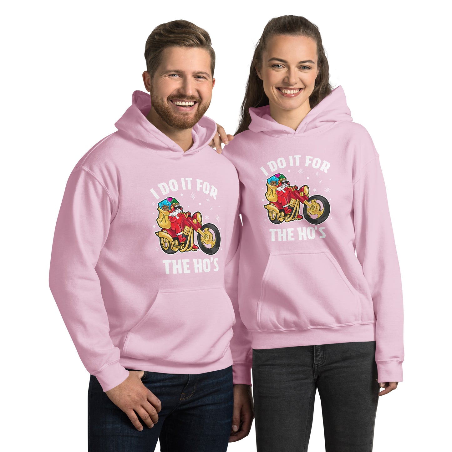 I Do It For The Ho's Hoodie - Christmas Biker Santa Riding Motorcycle - Color: Light Pink