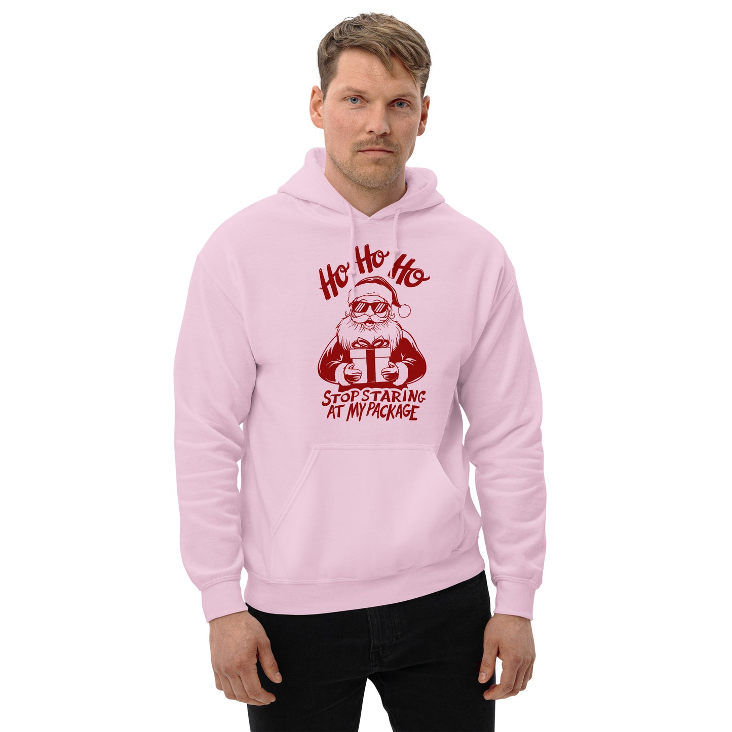 Ho Ho Ho Stop Staring At My Package (Funny Santa) Hoodie - Color: Light Pink