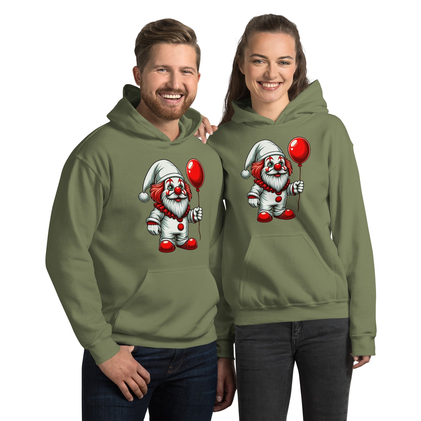 Scary Gnome with Red Balloon Hoodie Color: Military Green