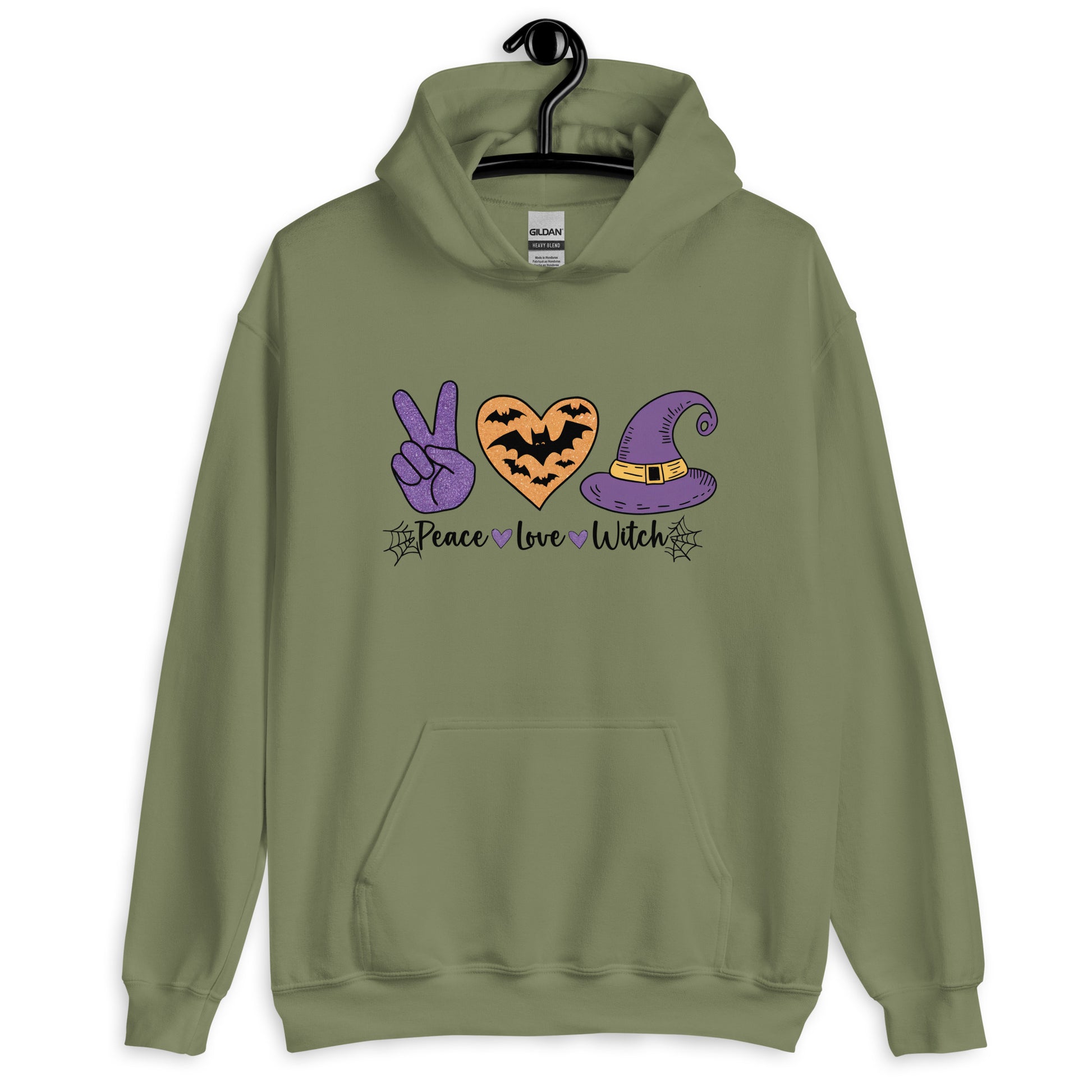 Peace Love Witch Hoodie (Halloween Witch) Color: Military Green