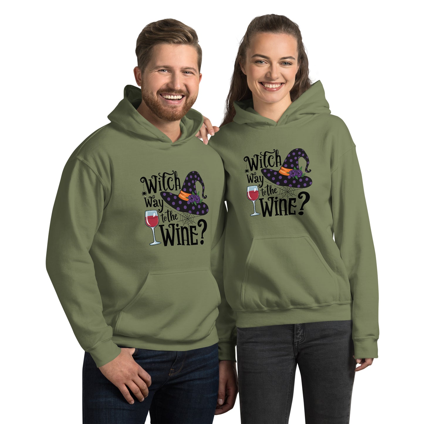 Witch Way To The Wine Hoodie (Halloween Witch) Color: Military Green