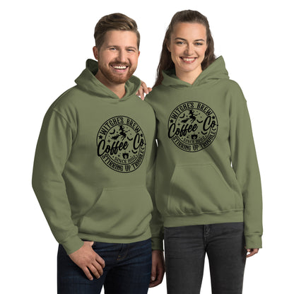 Witches Brew Coffee Co Stirring Up Trouble (Halloween) Hoodie Color: Military Green