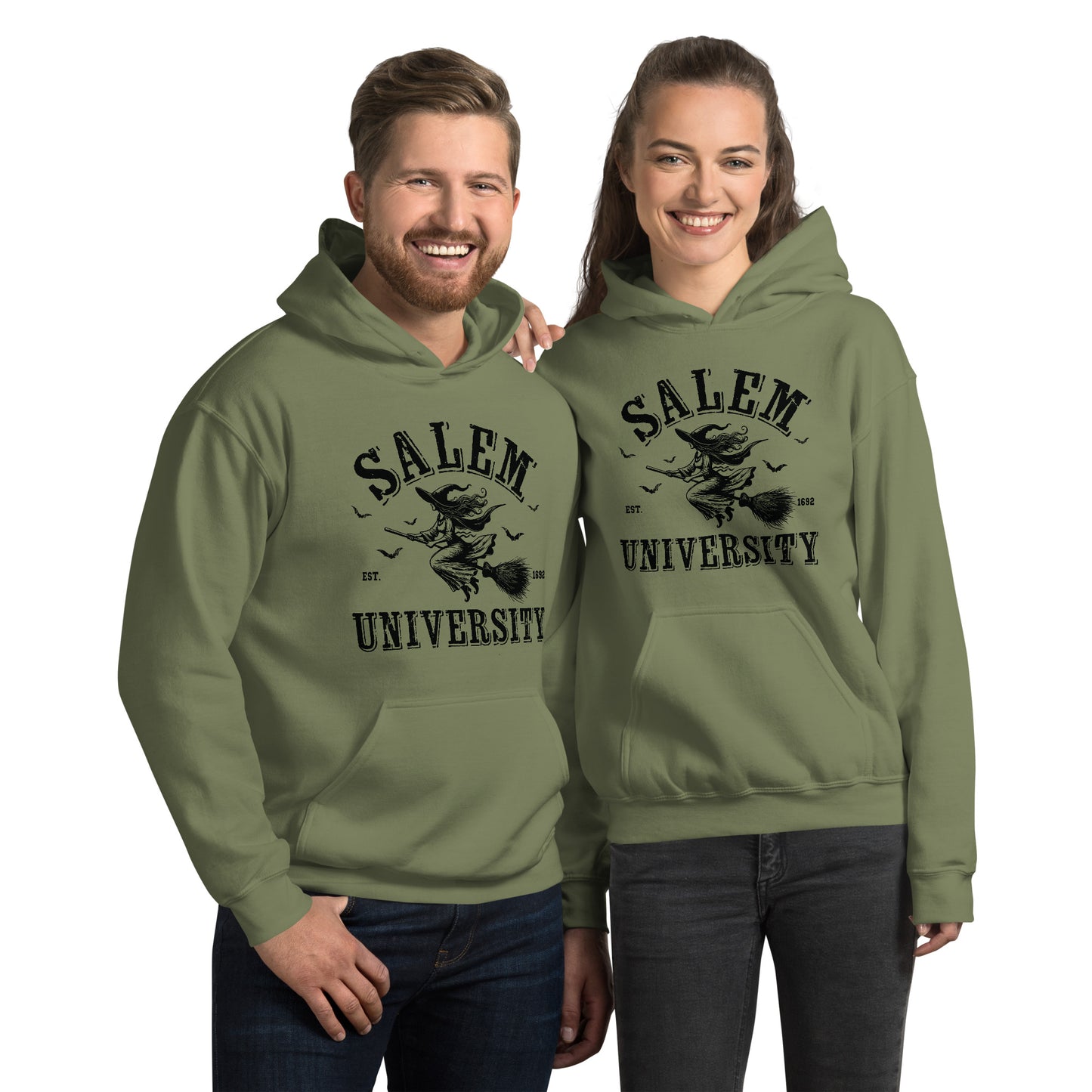 Salem University Hoodie (Halloween Witch Riding Broom) Color: Military Green