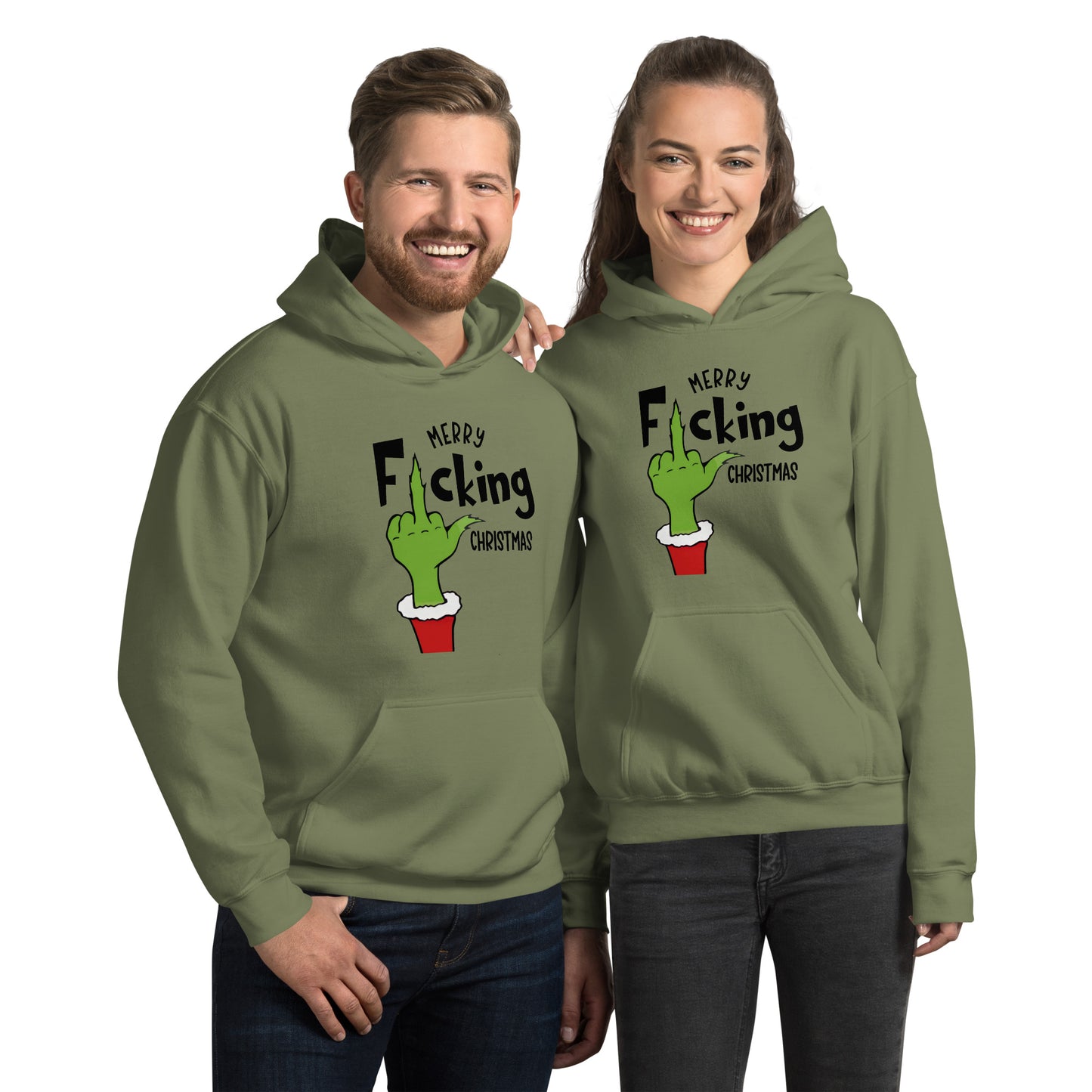 Merry F*cking Christmas Grumpy Middle Finger Hoodie - Color: Military Green - Unisex Hoodie Gildan 18500