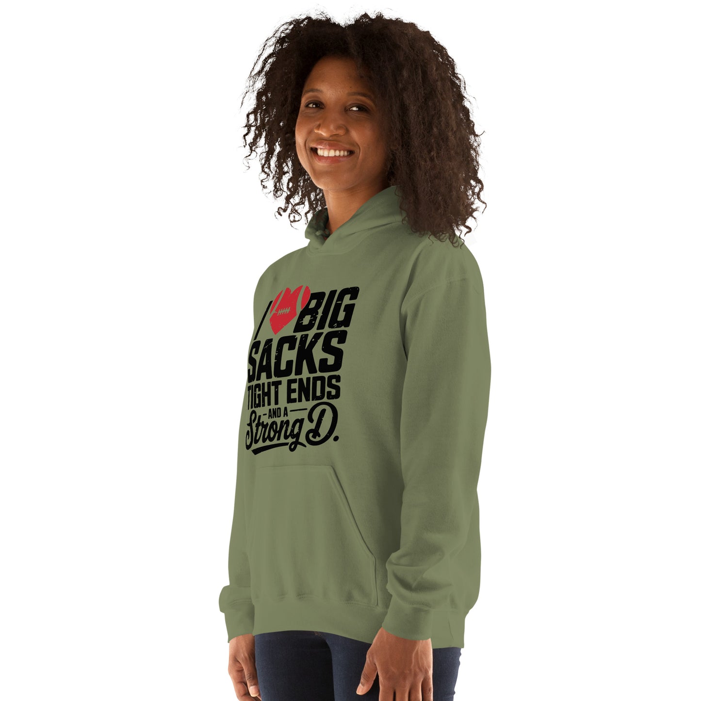 I Love Big Sacks Tight Ends and A Strong D Hoodie (Football Season) - Color: Dark Heather