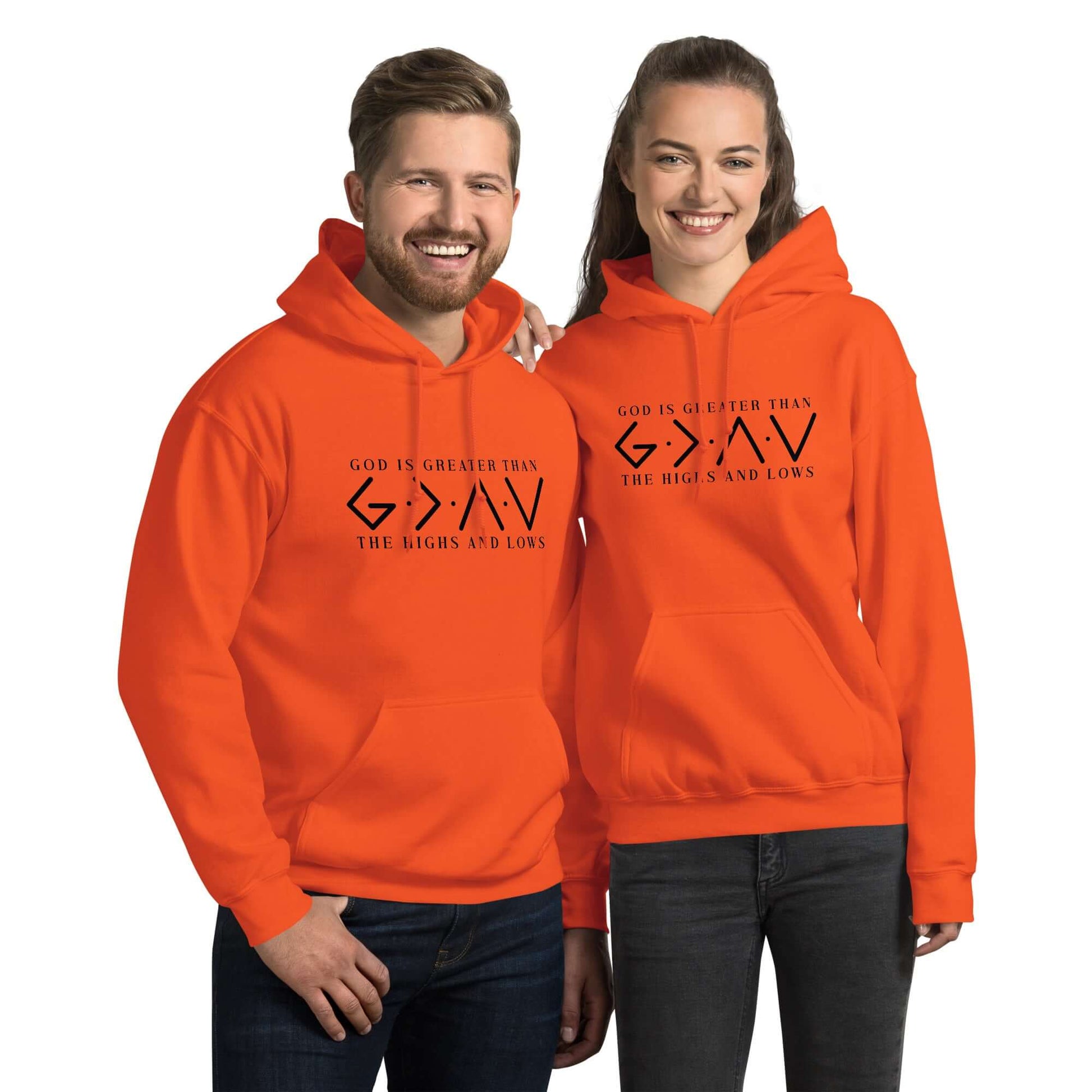 God is Greater Hoodie – Faith Symbol Pullover Color: Orange