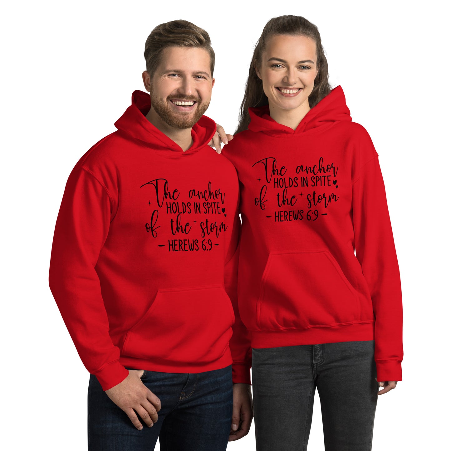 The Anchor Holds in Spit of the Storm (Hebrews 6:9) Hoodie Color: Red