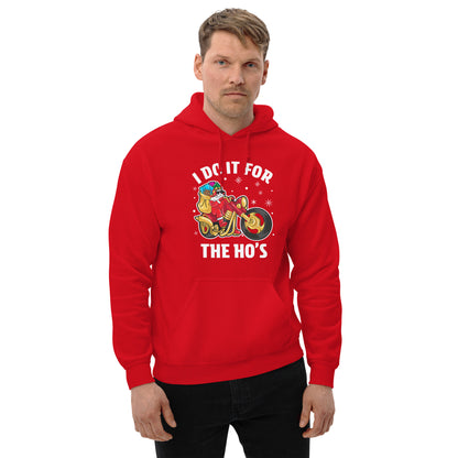 I Do It For The Ho's Hoodie - Christmas Biker Santa Riding Motorcycle - Color: Red