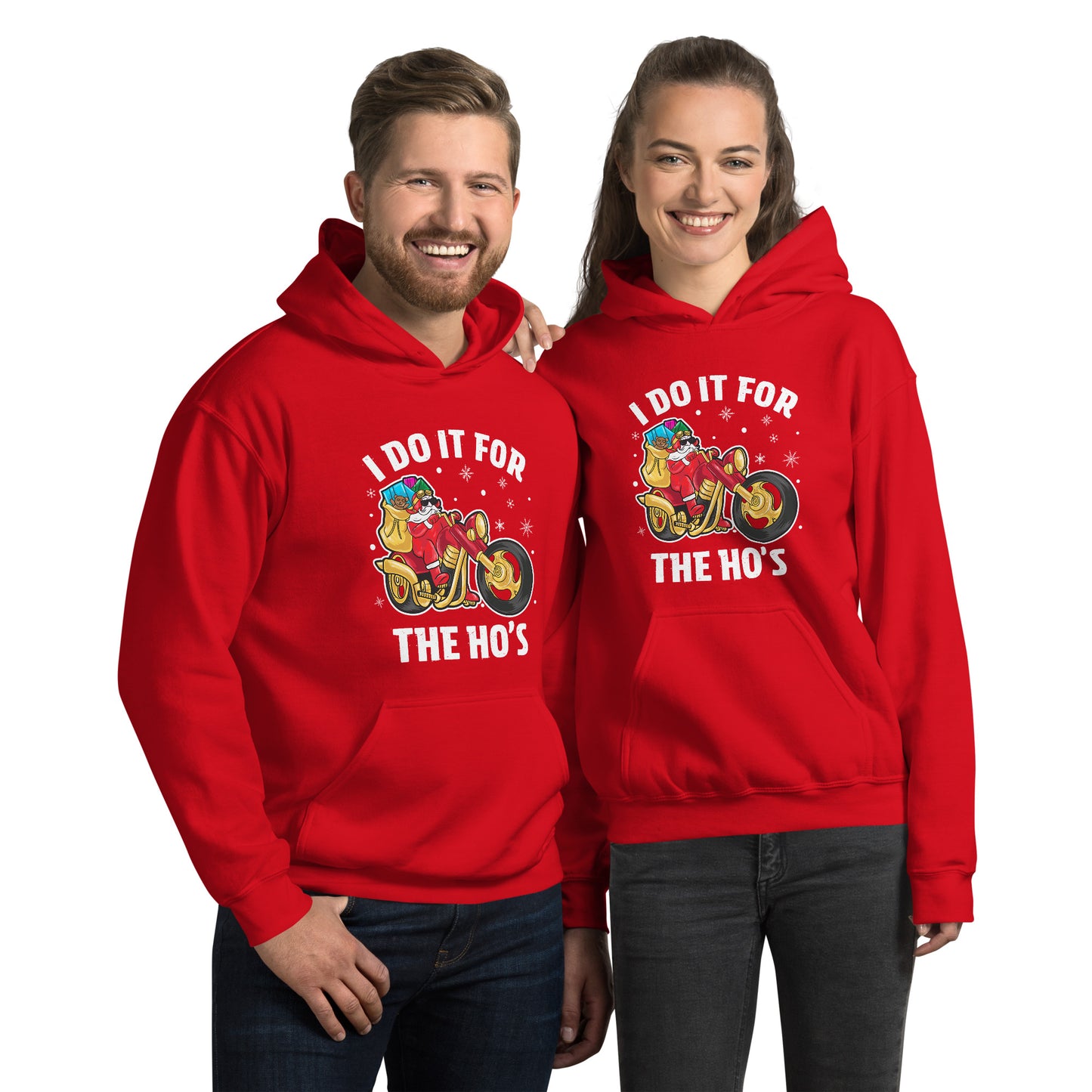 I Do It For The Ho's Hoodie - Christmas Biker Santa Riding Motorcycle - Color: Red