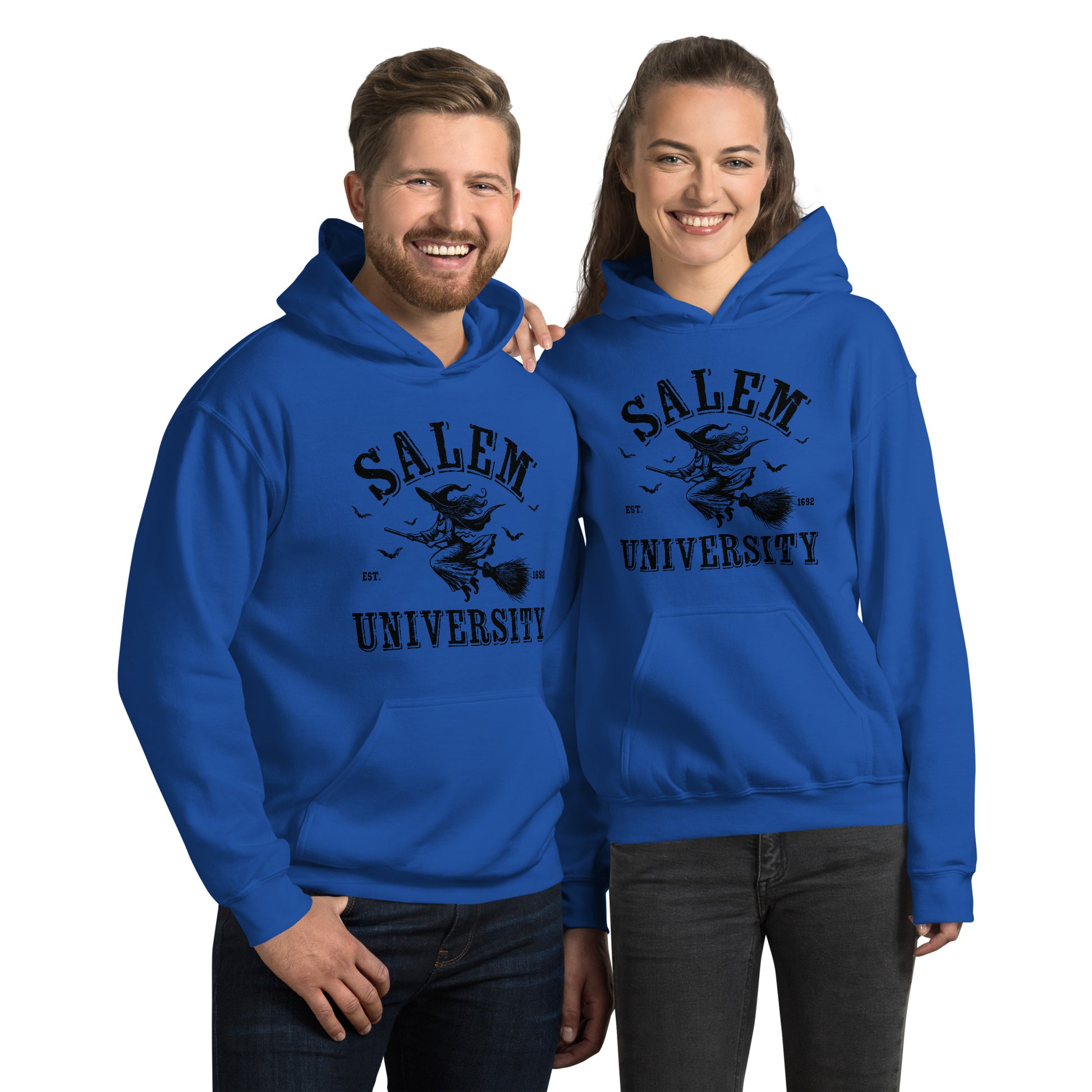 Salem University Hoodie (Halloween Witch Riding Broom) Color: Royal