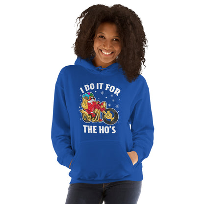 I Do It For The Ho's Hoodie - Christmas Biker Santa Riding Motorcycle - Color: Red