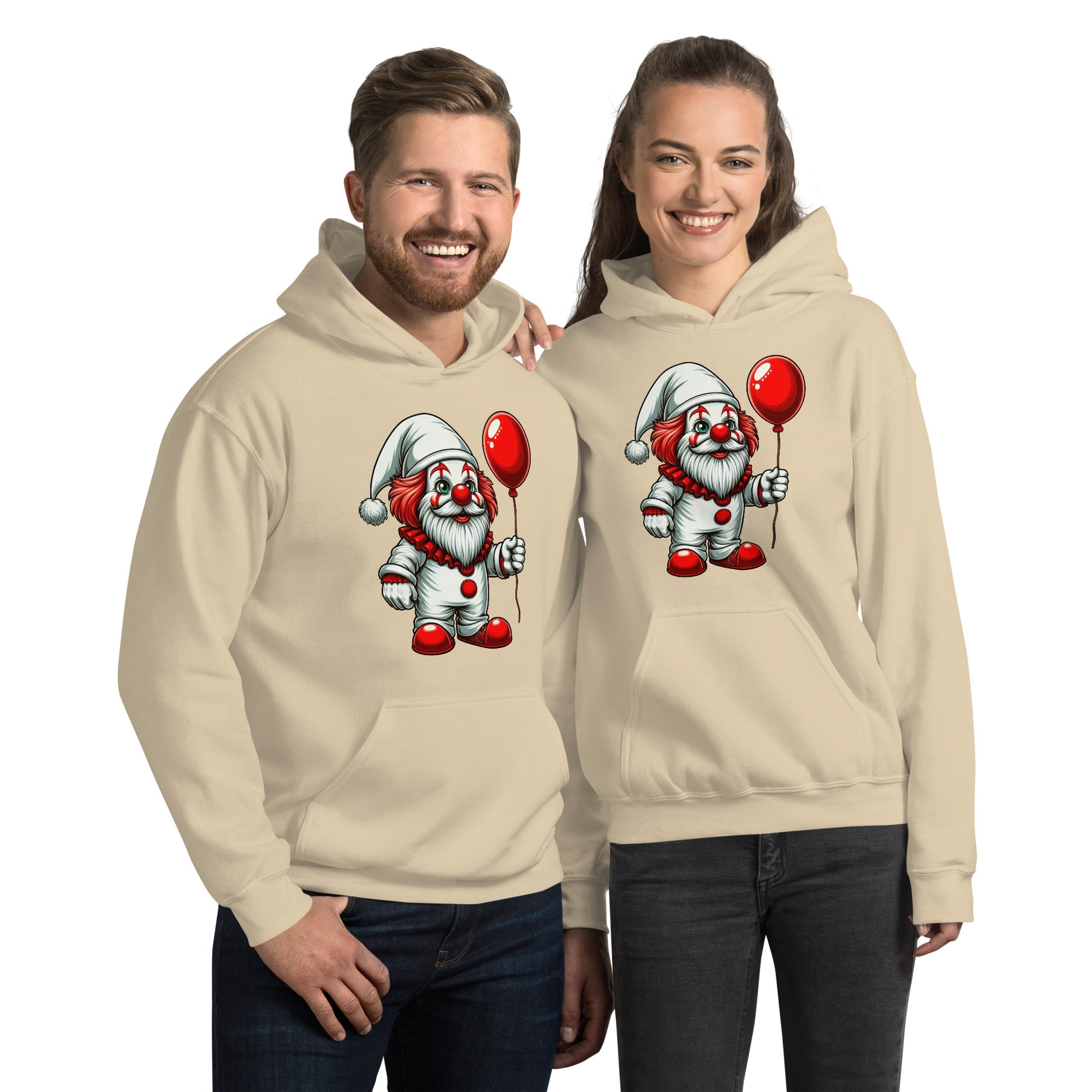 Scary Gnome with Red Balloon Hoodie Color: Sand