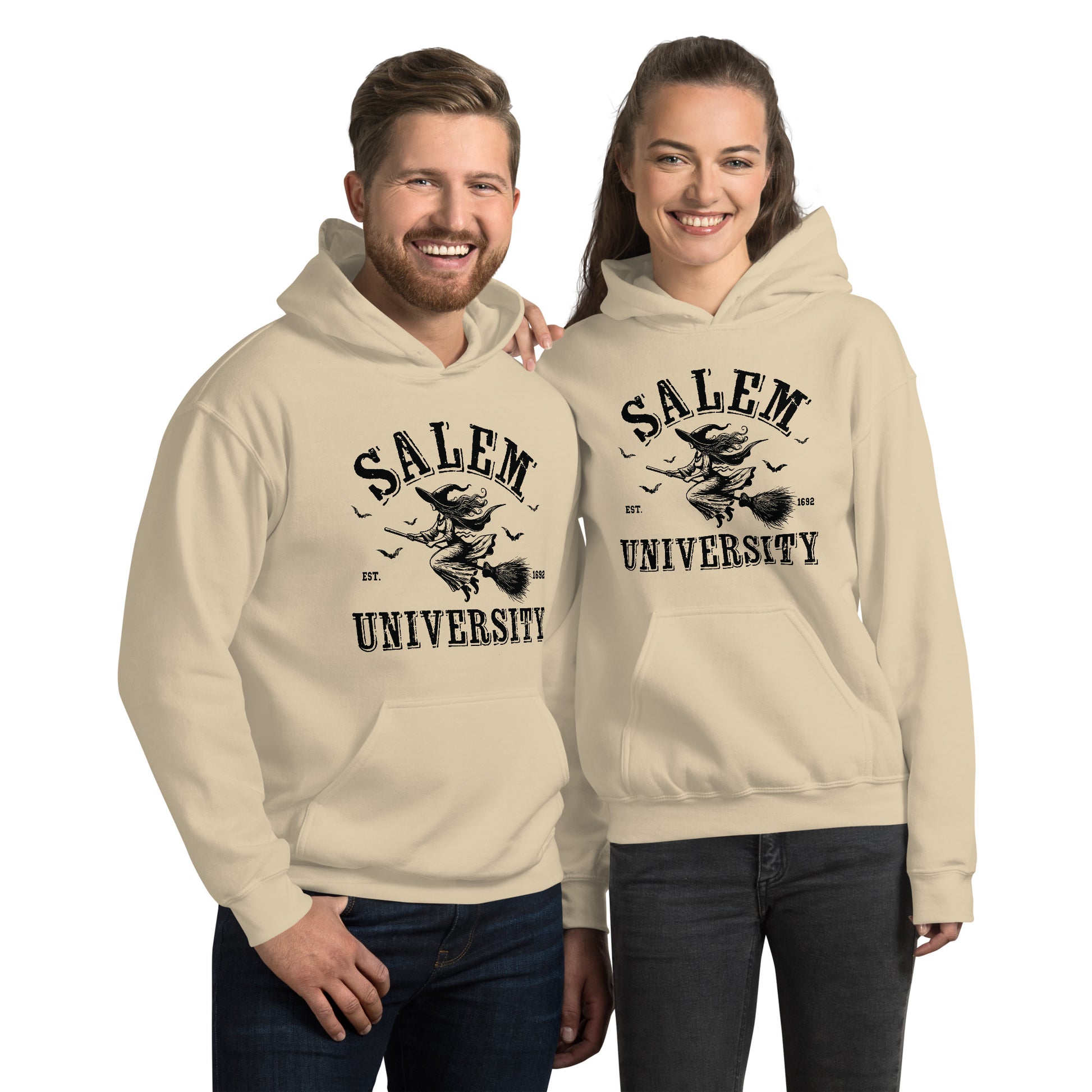 Salem University Hoodie (Halloween Witch Riding Broom) Color: Sand