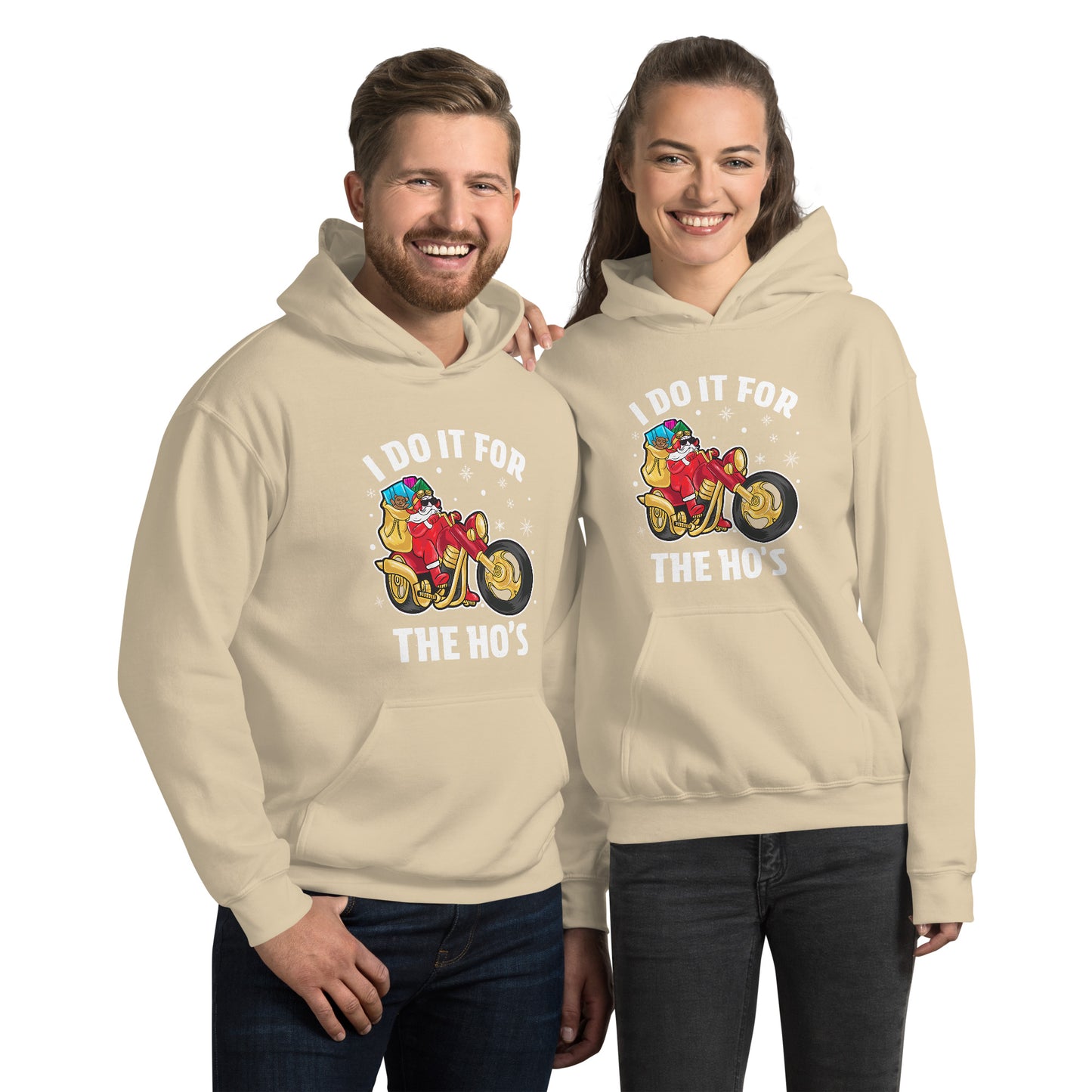 I Do It For The Ho's Hoodie - Christmas Biker Santa Riding Motorcycle - Color: Sand