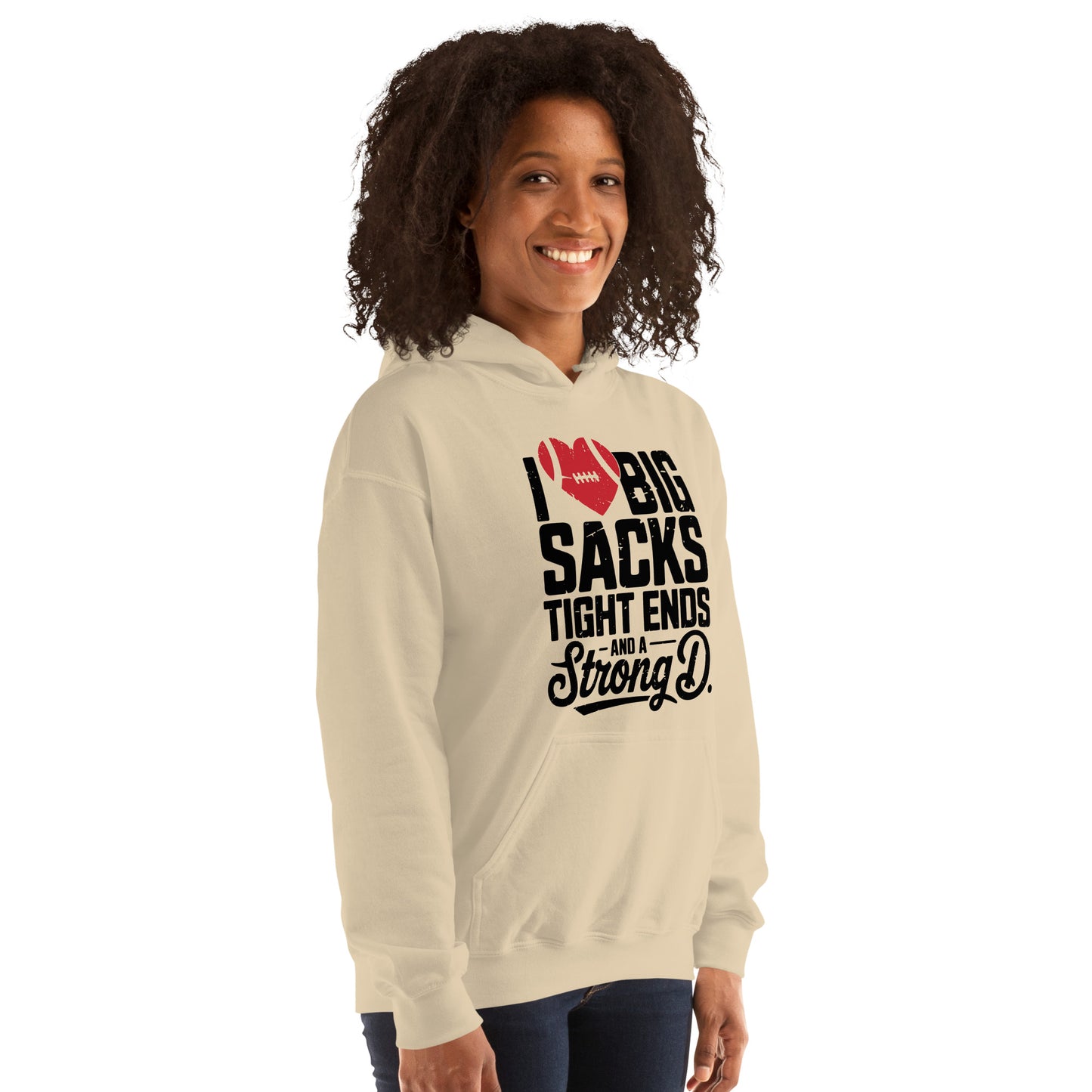 I Love Big Sacks Tight Ends and A Strong D Hoodie (Football Season) - Color: Dark Heather