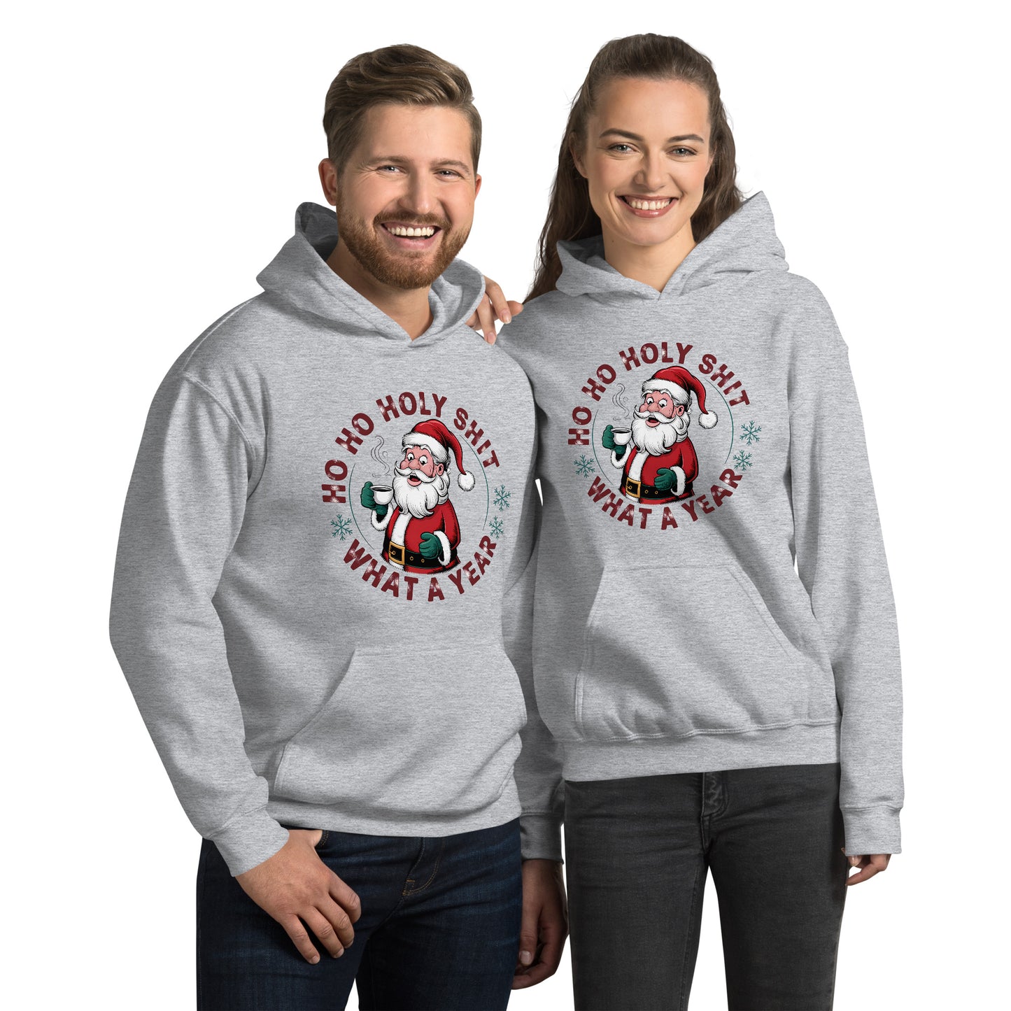 Ho Ho Holy Shit What A Year (Funny Christmas Santa) Hoodie - Color: Sport Grey