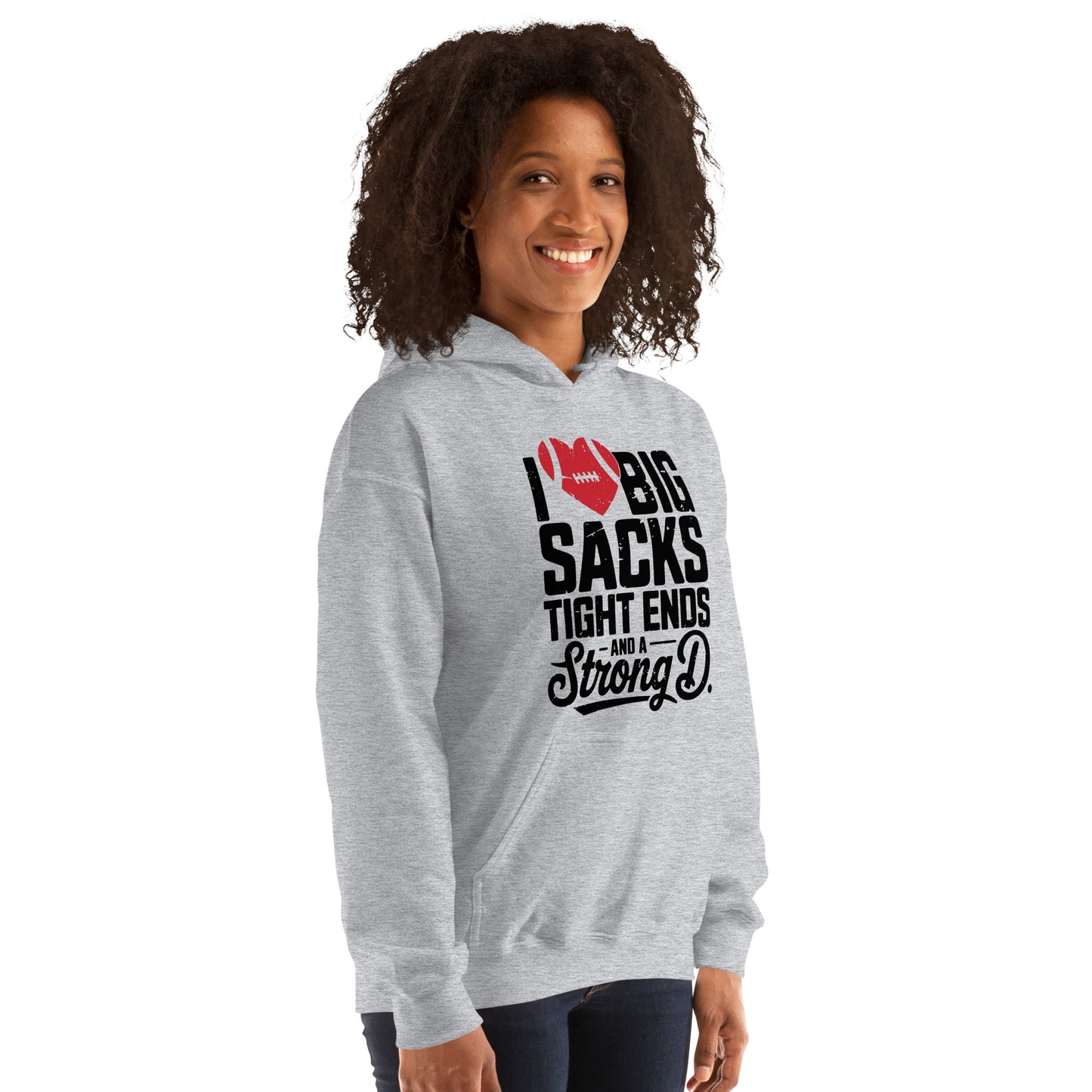 I Love Big Sacks Tight Ends and A Strong D Hoodie (Football Season) - Color: Dark Heather