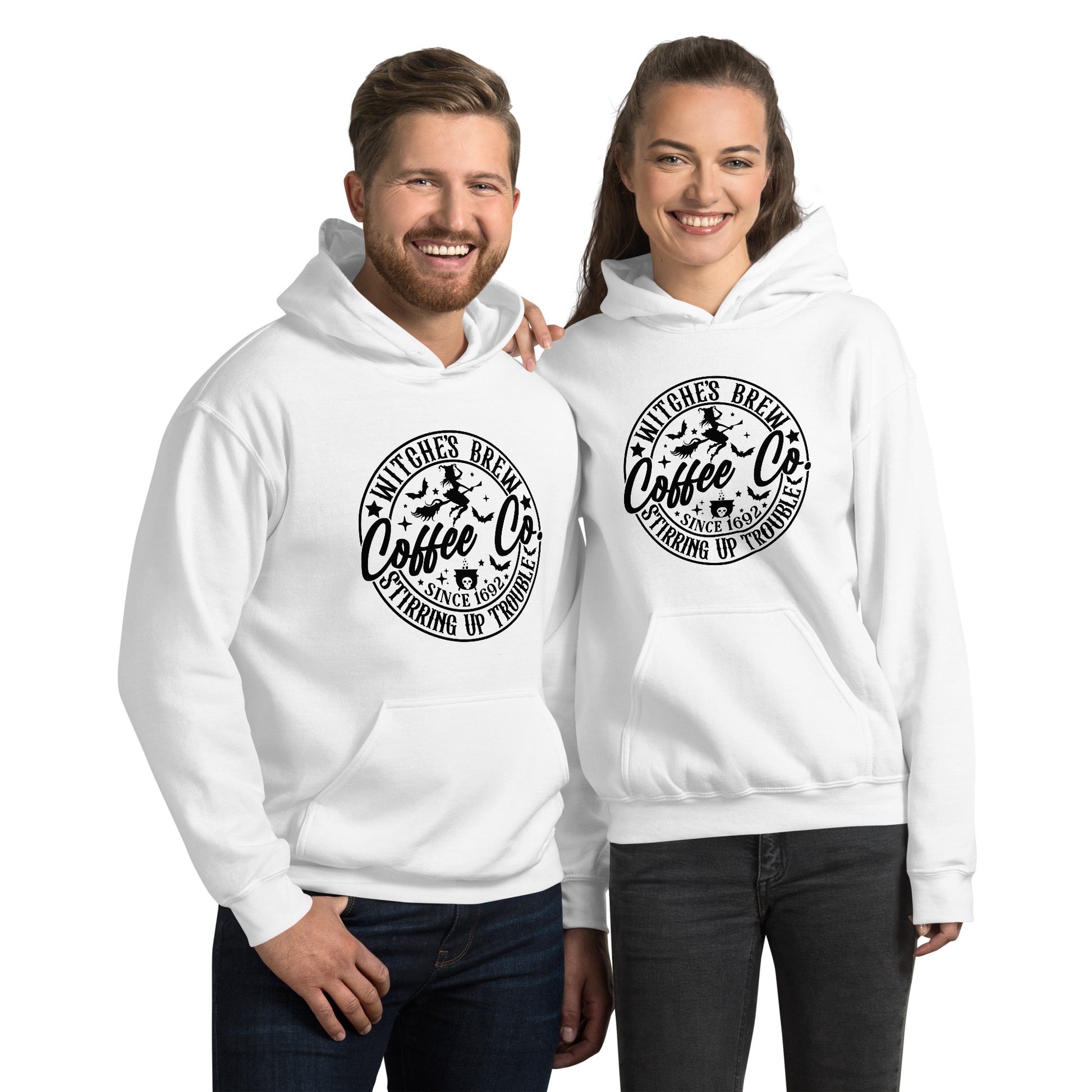 Witches Brew Coffee Co Stirring Up Trouble (Halloween) Hoodie Color: White