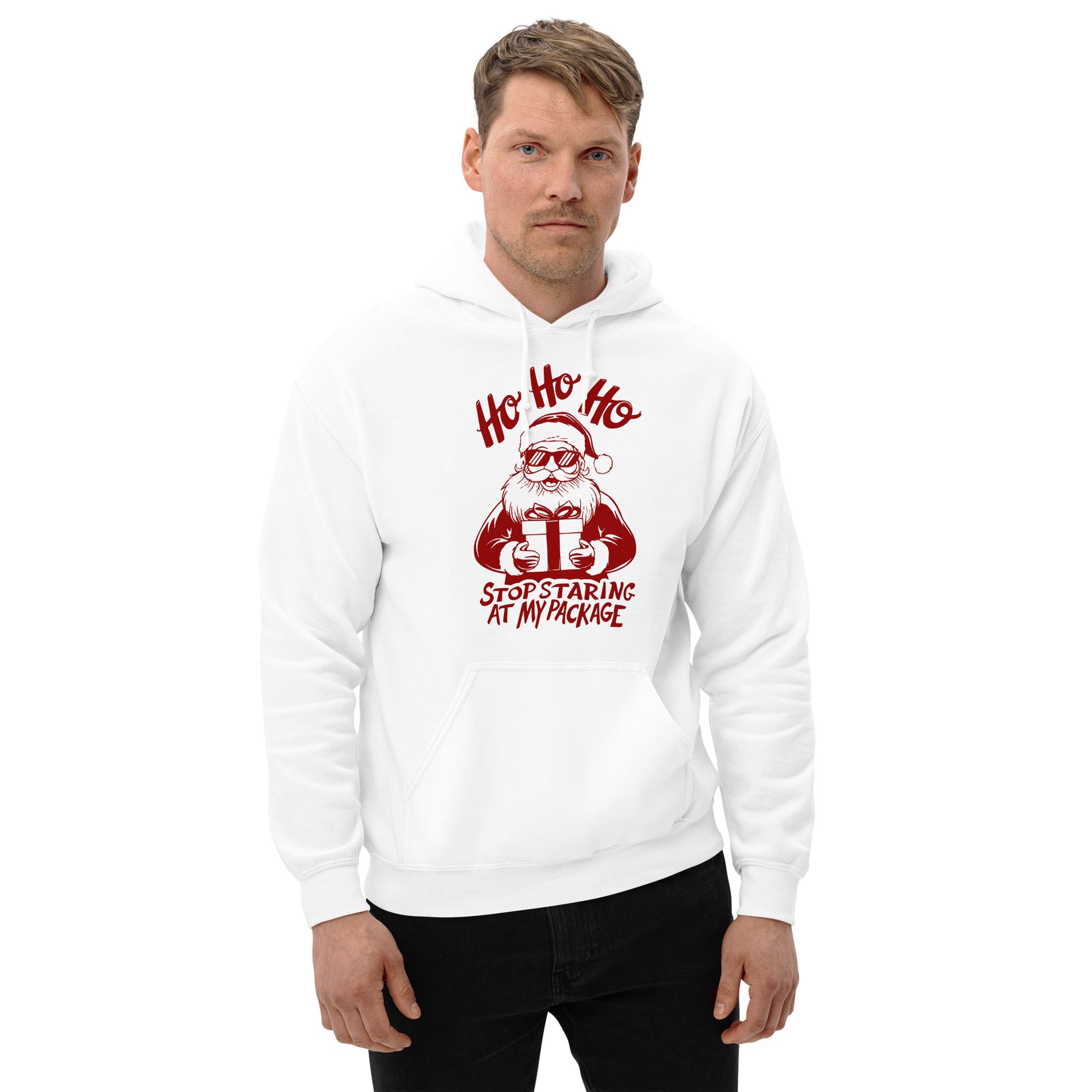 Ho Ho Ho Stop Staring At My Package (Funny Santa) Hoodie - Color: White