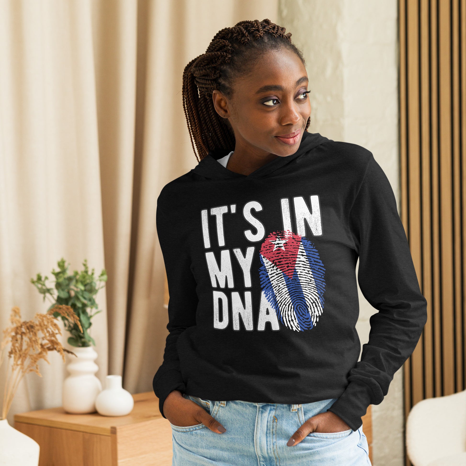 Cuban DNA Long Sleeve Tee – Fingerprint Flag Shirt Color: Charcoal-Black Triblend